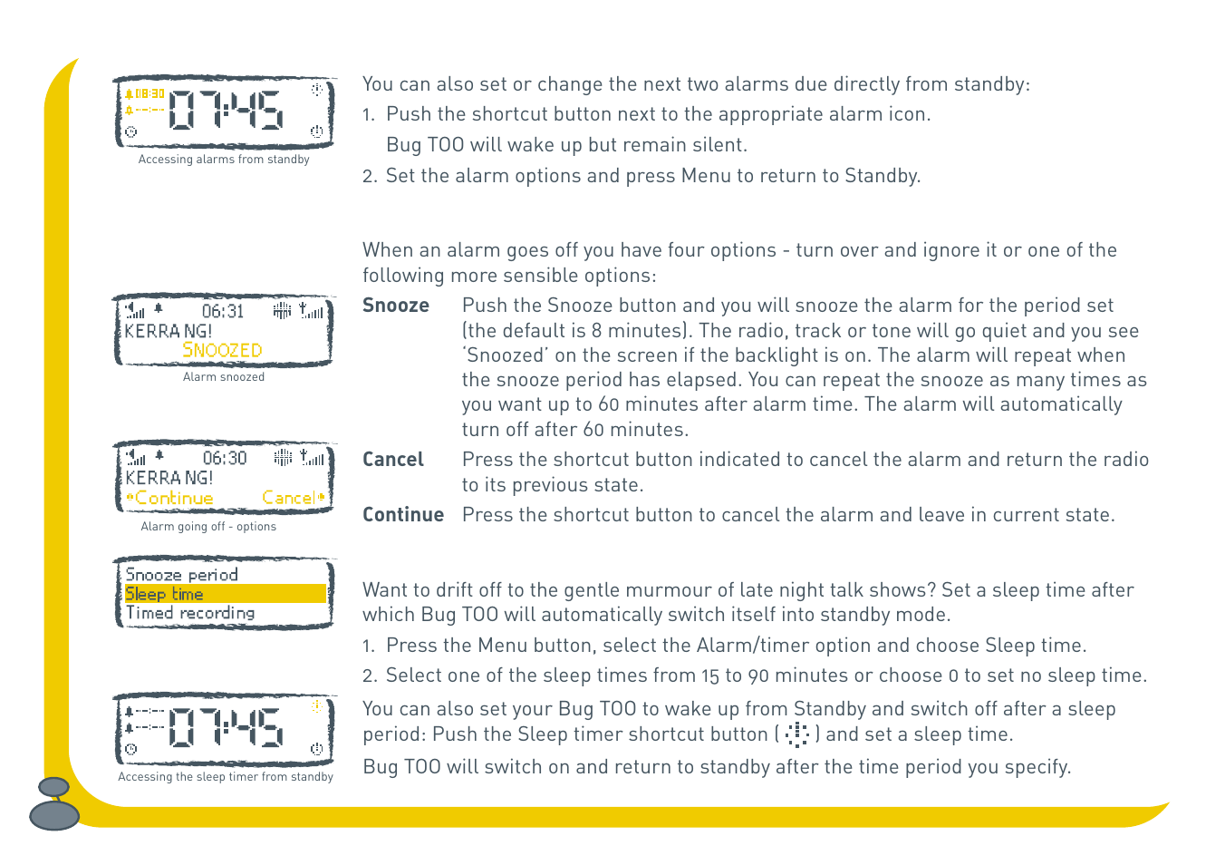 Cancelling alarms, Using the sleep function | Pure BUG Too User Manual | Page 26 / 44