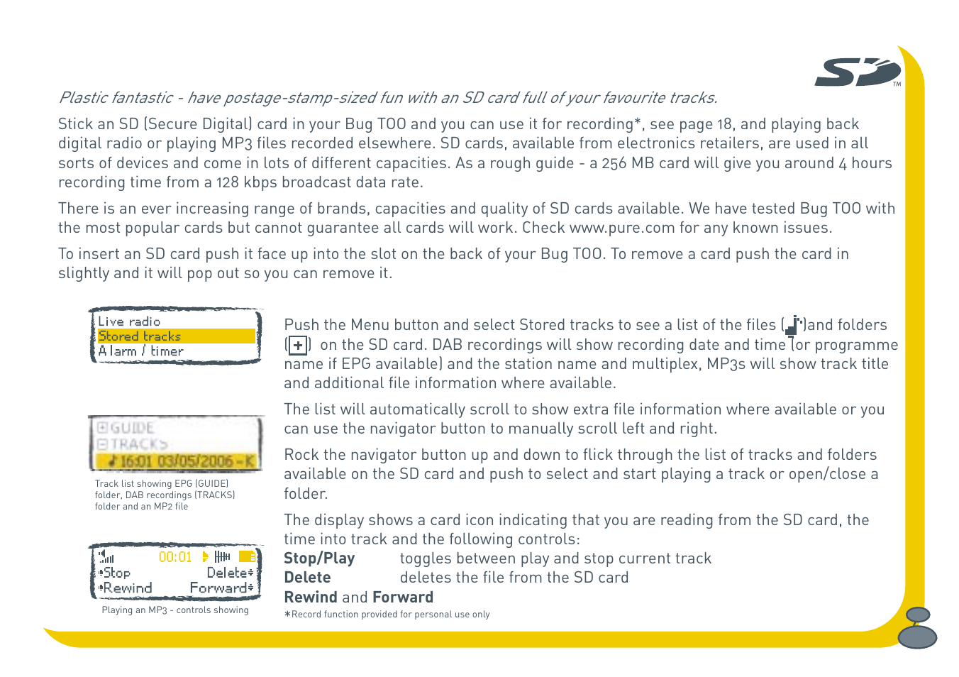 Playing mp3s, Selecting tracks | Pure BUG Too User Manual | Page 29 / 44