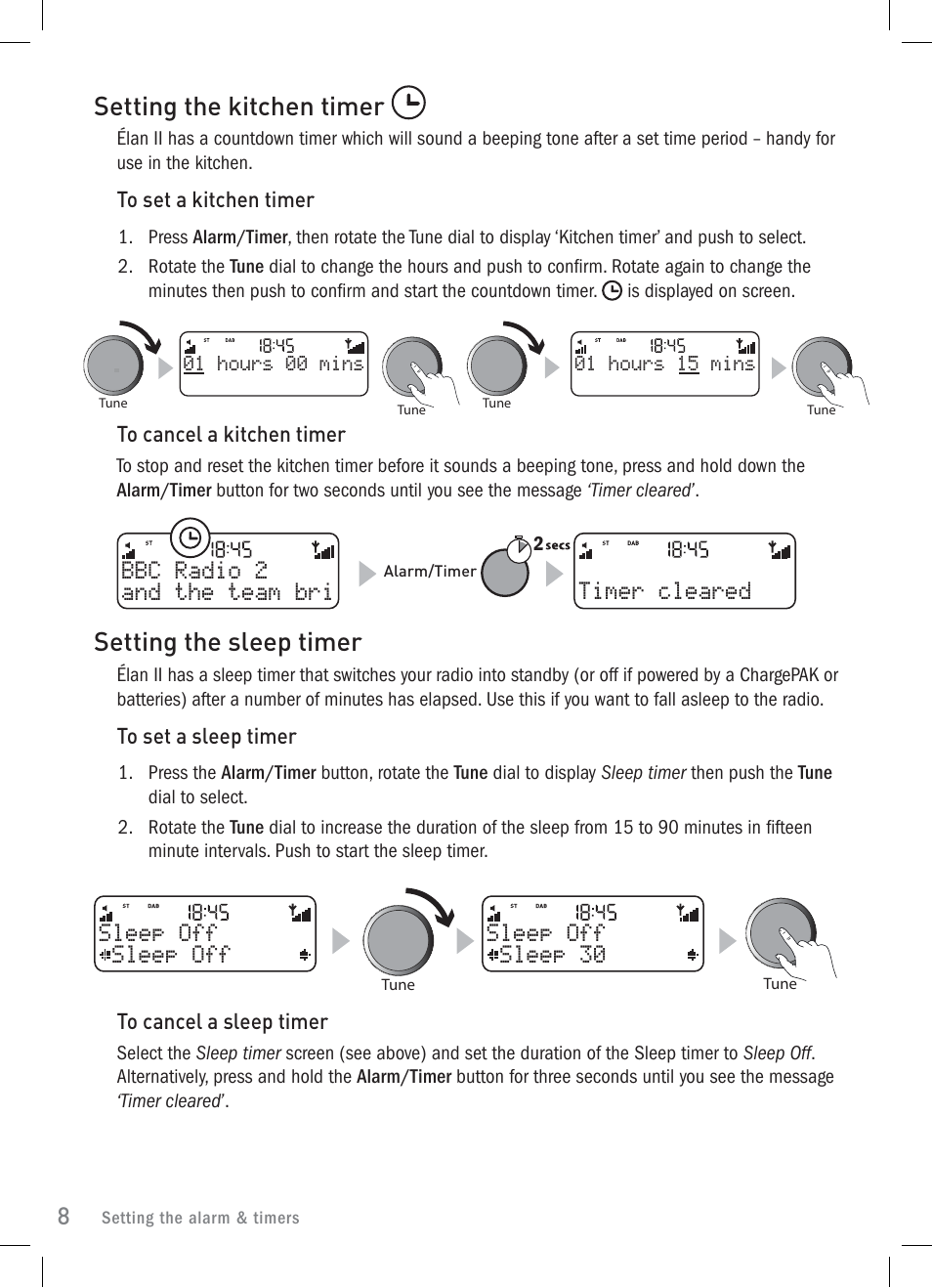 Setting the kitchen timer, Setting the sleep timer | Pure Elan 2 User Manual | Page 10 / 76