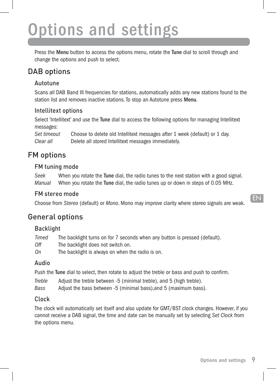 Options and settings, Dab options, Fm options | General options | Pure Elan 2 User Manual | Page 11 / 76