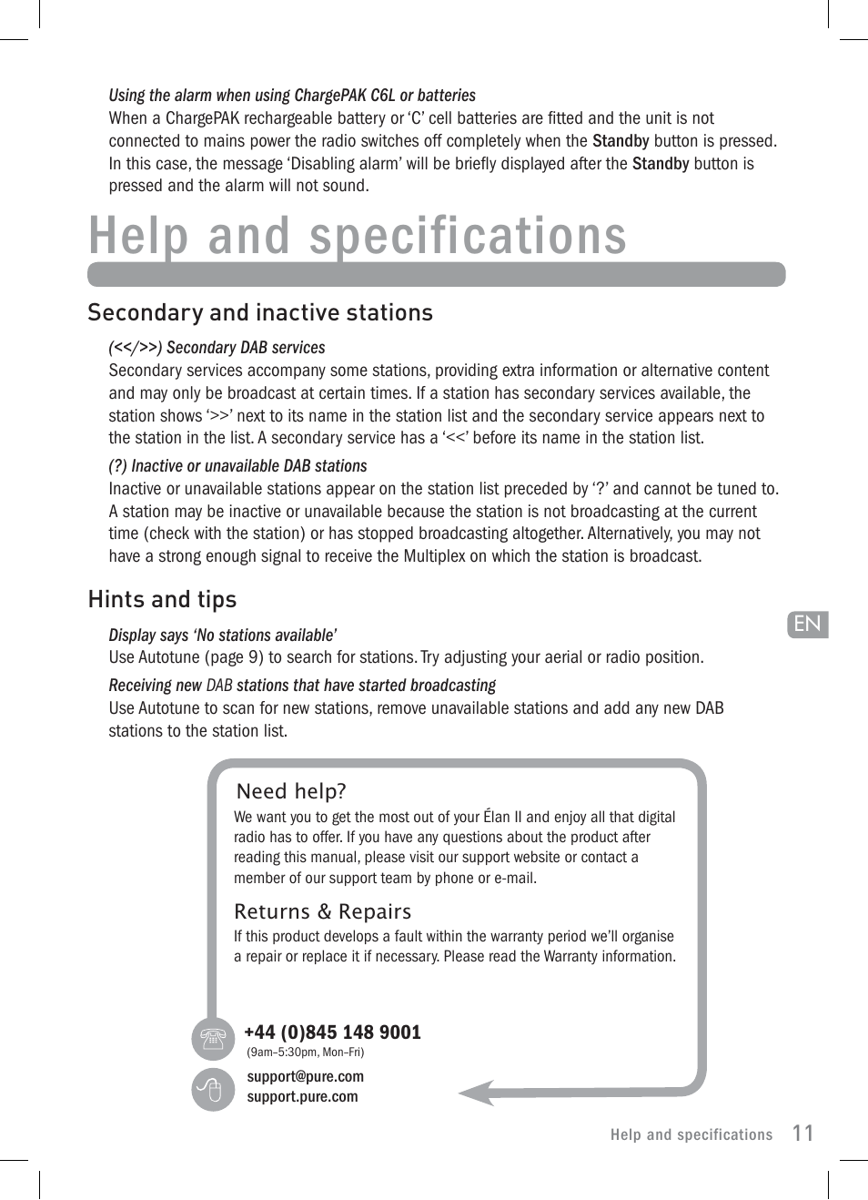 Help and specifications | Pure Elan 2 User Manual | Page 13 / 76