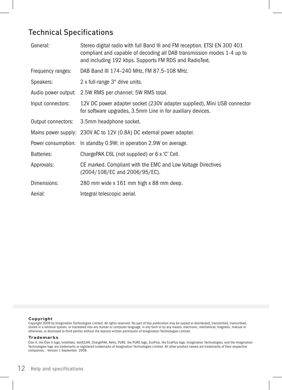 Technical specifications | Pure Elan 2 User Manual | Page 14 / 76