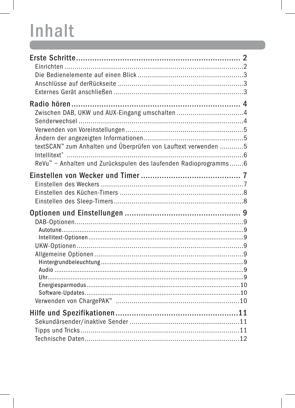 Inhalt, Erste schritte, Radio hören | Einstellen von wecker und timer, Optionen und einstellungen, Hilfe und spezifikationen | Pure Elan 2 User Manual | Page 15 / 76