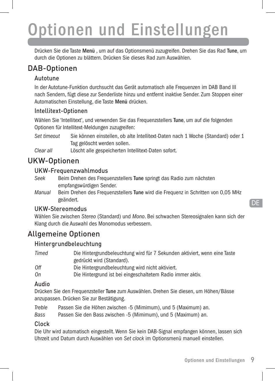 Optionen und einstellungen, Dab-optionen, Ukw-optionen | Allgemeine optionen | Pure Elan 2 User Manual | Page 23 / 76