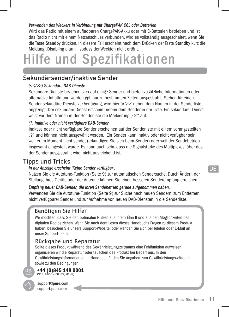 Hilfe und spezifikationen, Sekundärsender/inaktive sender, Tipps und tricks | Pure Elan 2 User Manual | Page 25 / 76