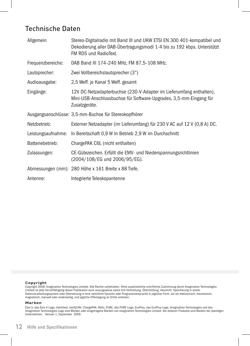 Technische daten | Pure Elan 2 User Manual | Page 26 / 76