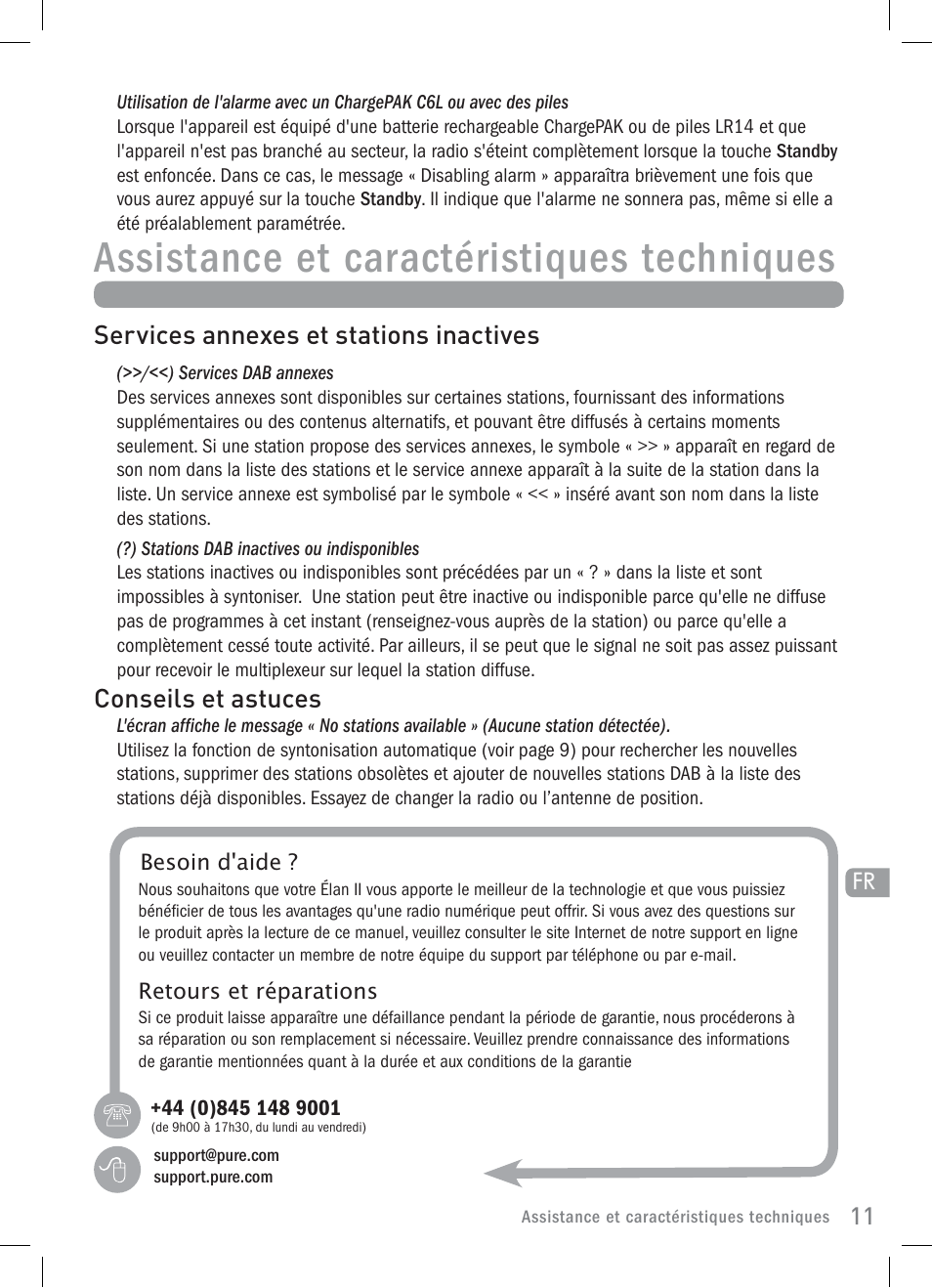 Assistance et caractéristiques techniques, Services annexes et stations inactives, Conseils et astuces | Pure Elan 2 User Manual | Page 37 / 76