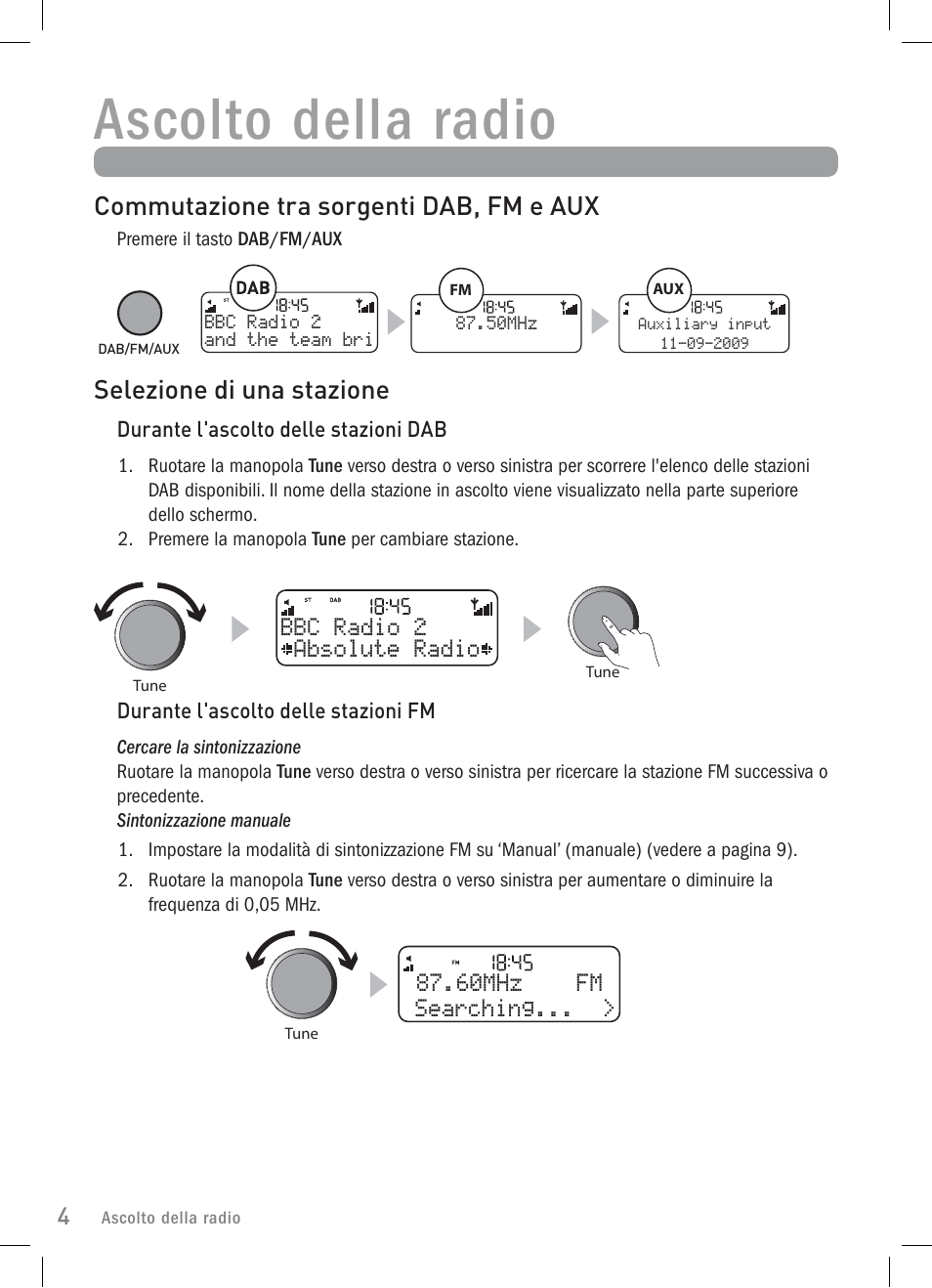 Ascolto della radio, Selezione di una stazione, Commutazione tra sorgenti dab, fm e aux | Pure Elan 2 User Manual | Page 42 / 76