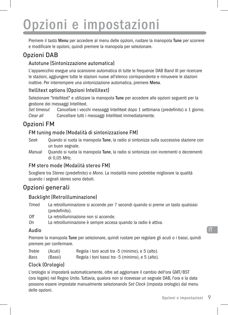 Opzioni e impostazioni, Opzioni dab, Opzioni fm | Opzioni generali | Pure Elan 2 User Manual | Page 47 / 76