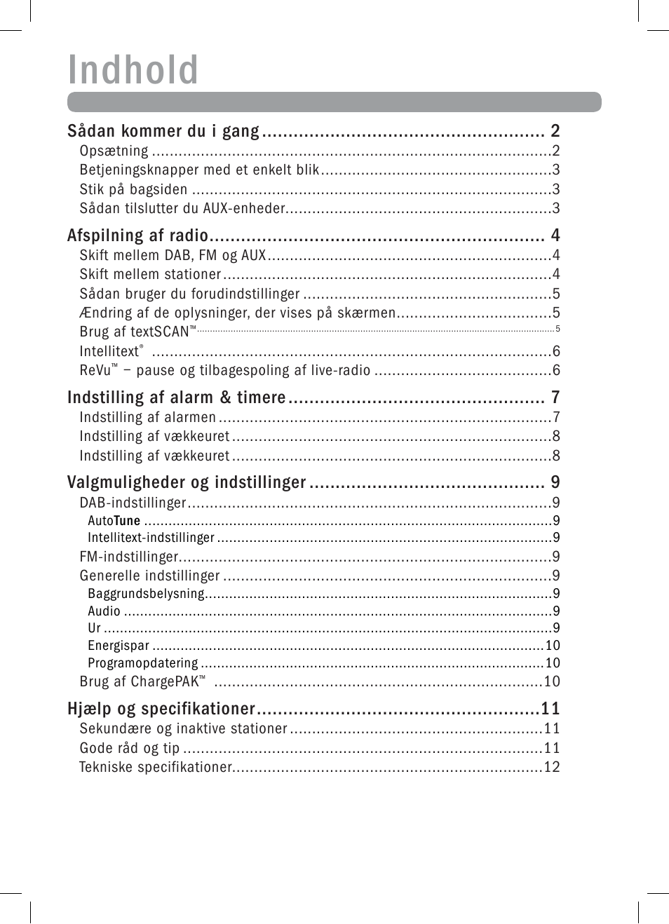 Indhold, Sådan kommer du i gang, Afspilning af radio | Indstilling af alarm & timere, Valgmuligheder og indstillinger, Hjælp og specifikationer | Pure Elan 2 User Manual | Page 51 / 76