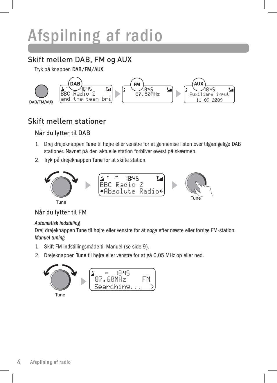 Afspilning af radio, Skift mellem stationer, Skift mellem dab, fm og aux | Pure Elan 2 User Manual | Page 54 / 76