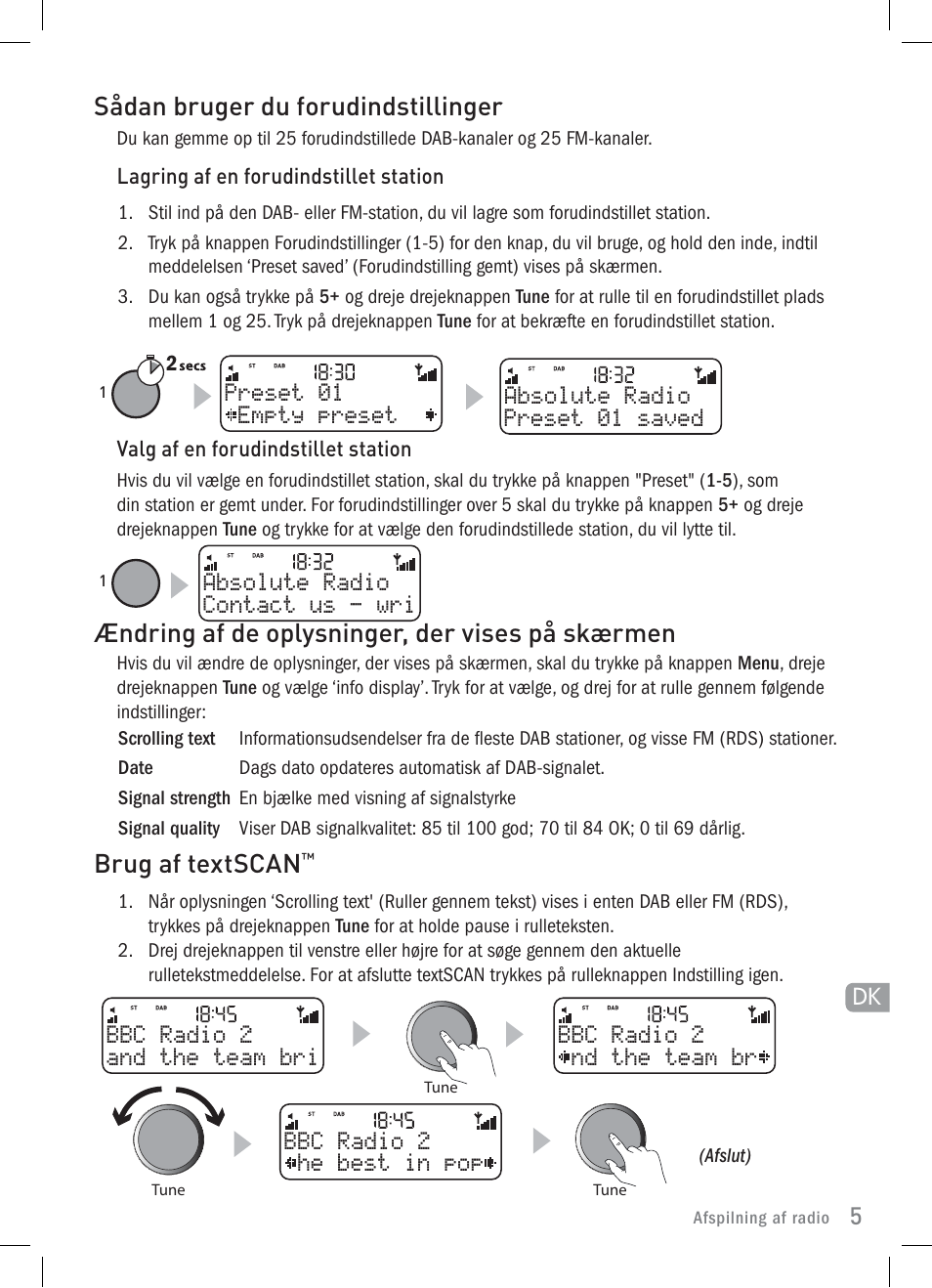 Sådan bruger du forudindstillinger, Brug af textscan, Ændring af de oplysninger, der vises på skærmen | Pure Elan 2 User Manual | Page 55 / 76