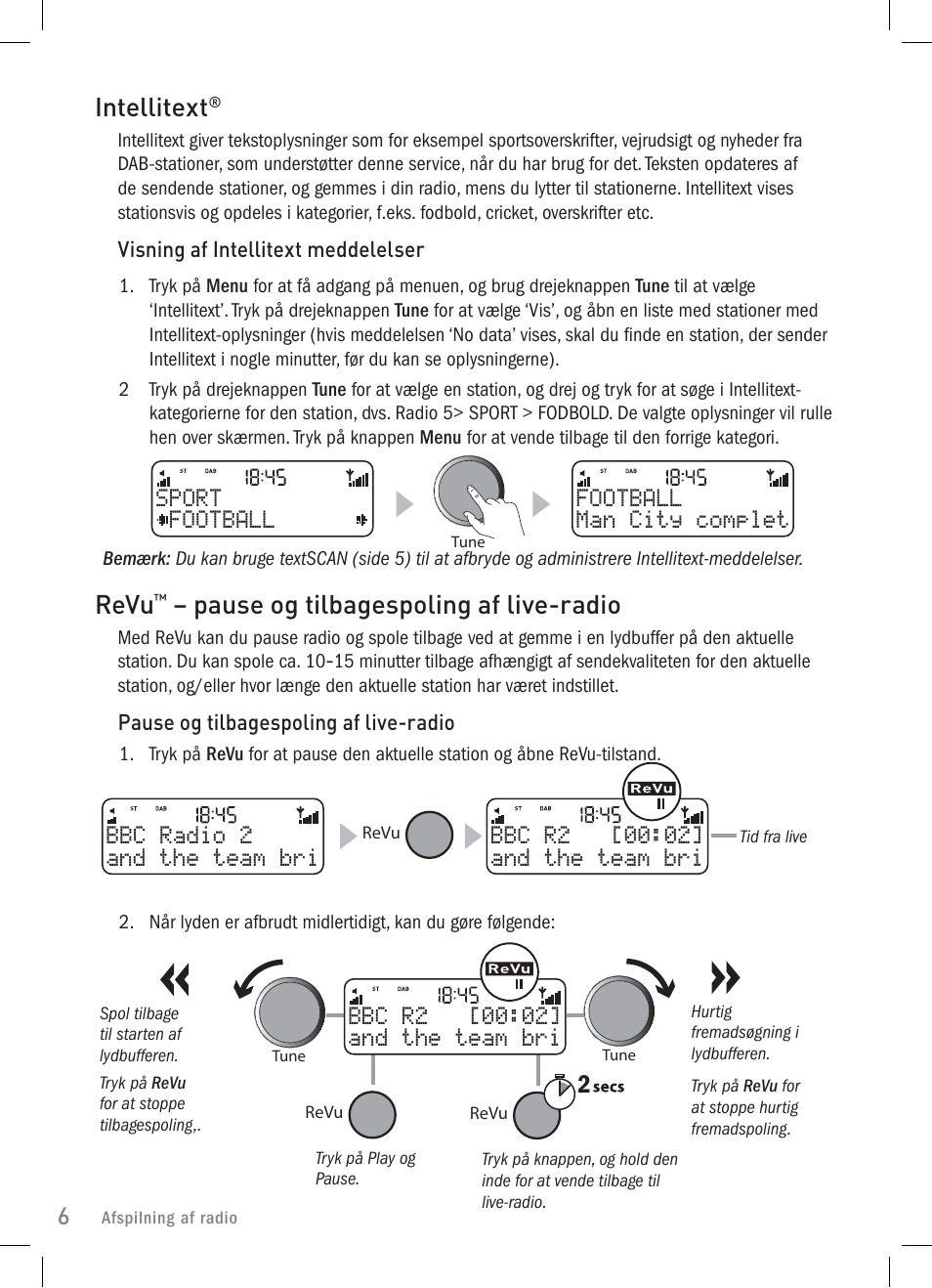 Intellitext, Revu, Pause og tilbagespoling af live-radio | P]scwtctp\qax 112a!j)!l | Pure Elan 2 User Manual | Page 56 / 76