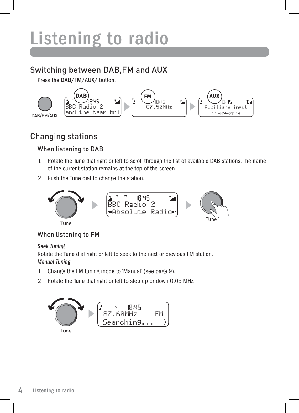 Listening to radio, Changing stations, Switching between dab,fm and aux | Pure Elan 2 User Manual | Page 6 / 76