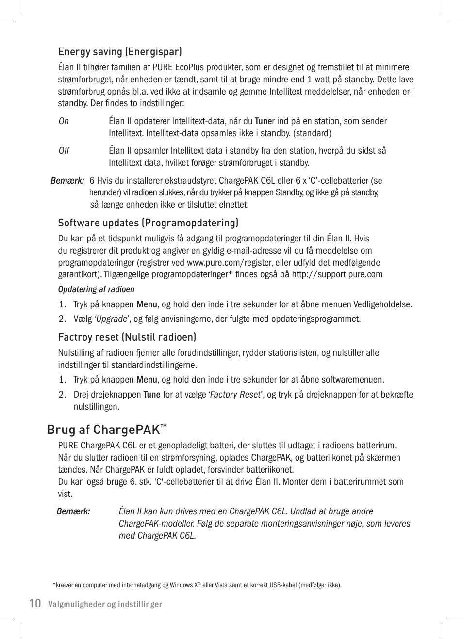 Brug af chargepak | Pure Elan 2 User Manual | Page 60 / 76