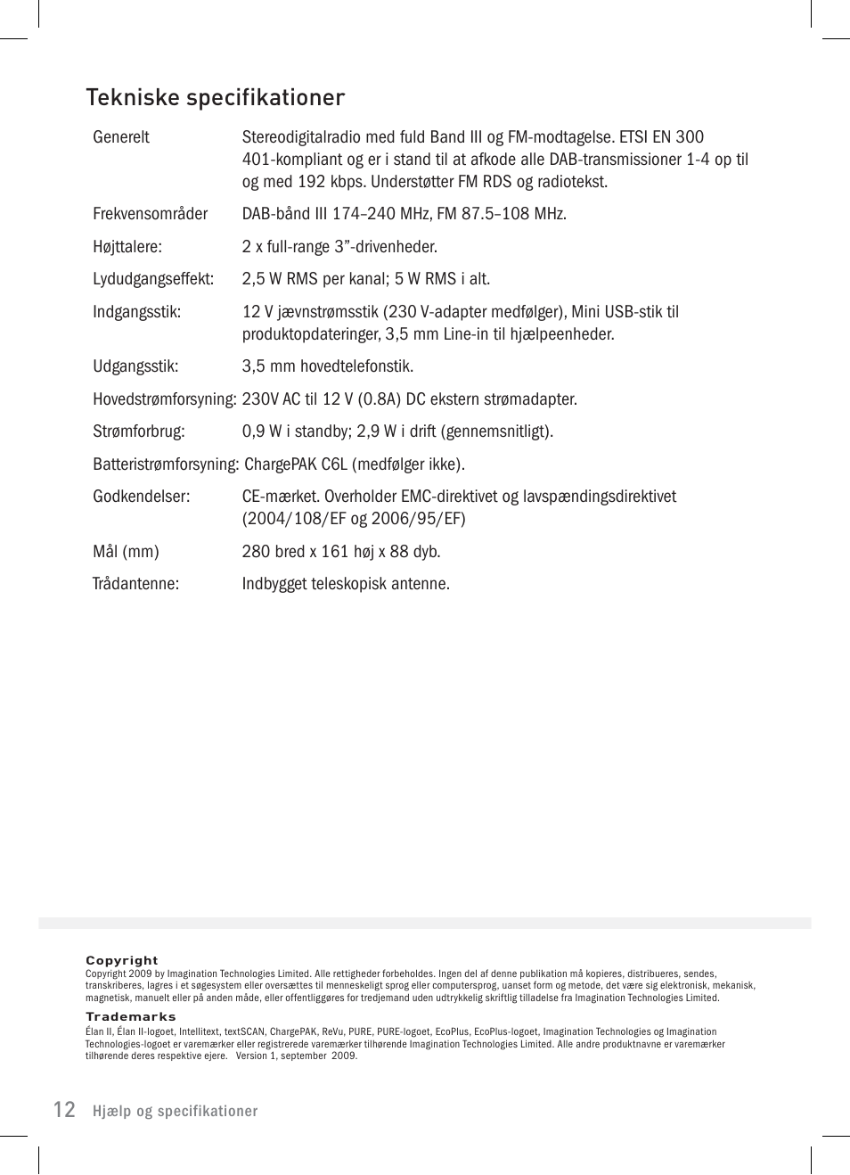 Tekniske specifikationer | Pure Elan 2 User Manual | Page 62 / 76