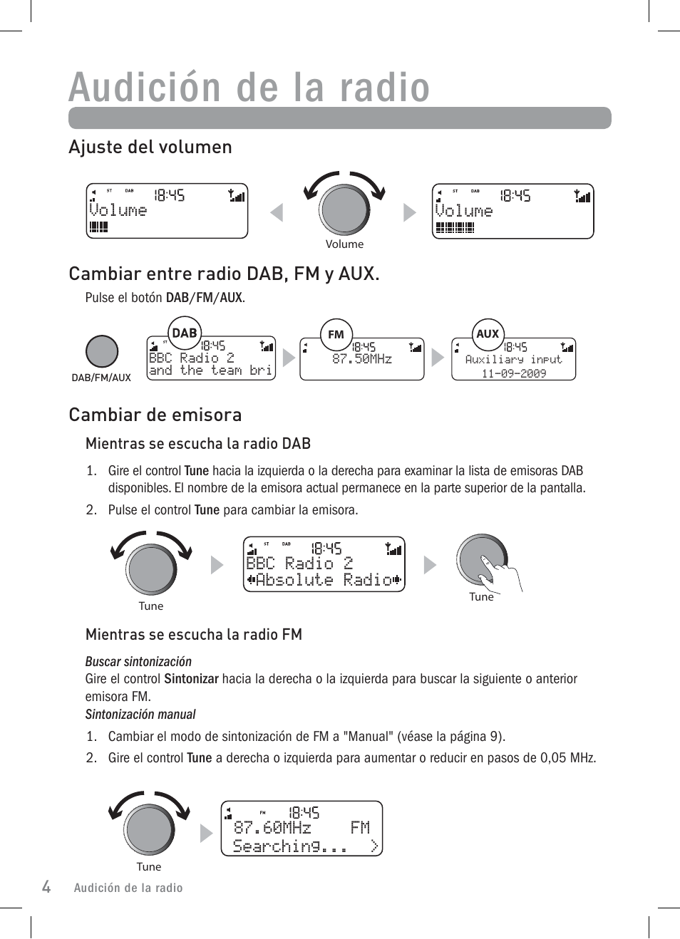 Audición de la radio, Ajuste del volumen, Cambiar de emisora | Cambiar entre radio dab, fm y aux | Pure Elan 2 User Manual | Page 66 / 76