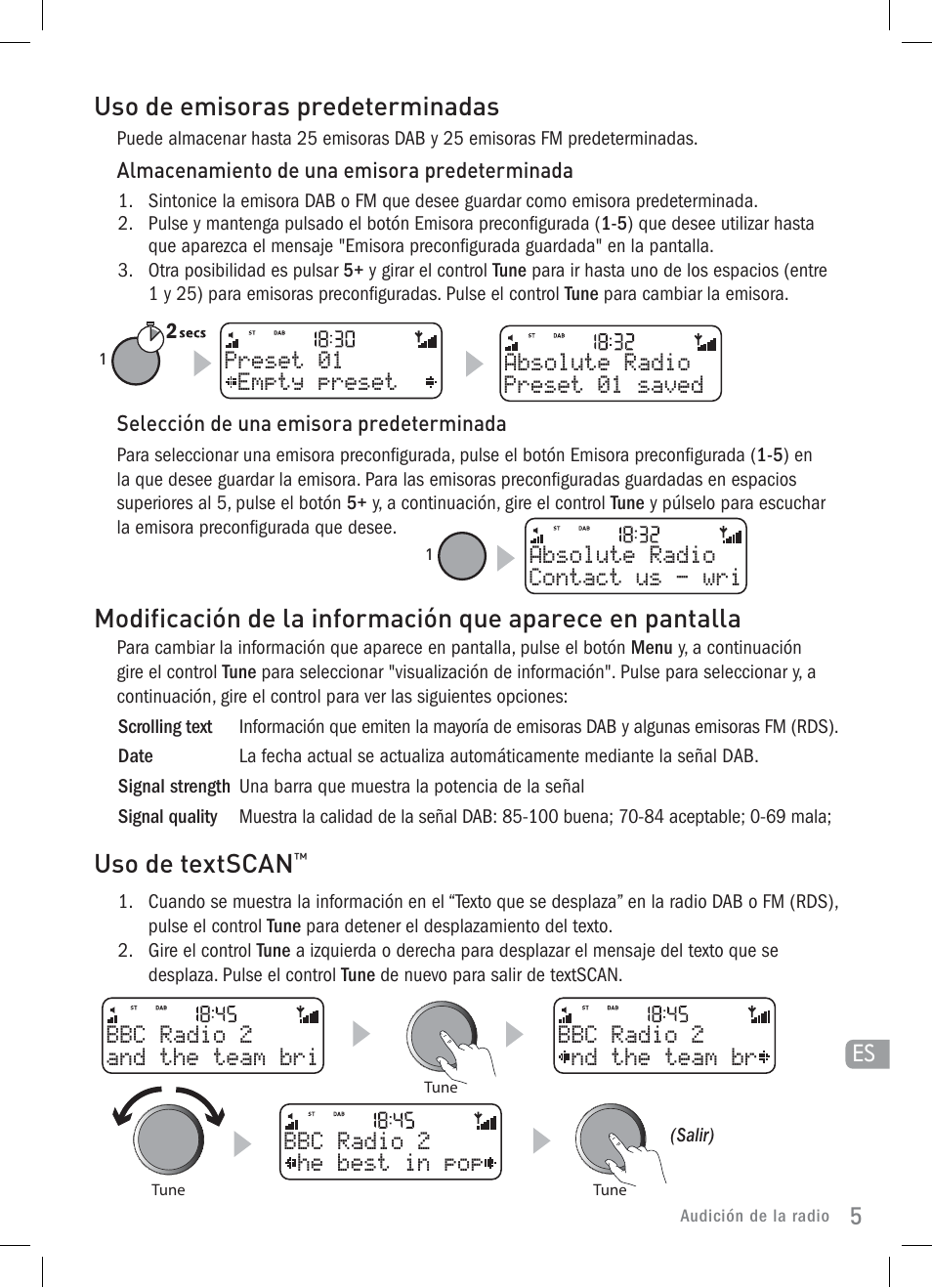 Uso de emisoras predeterminadas, Uso de textscan | Pure Elan 2 User Manual | Page 67 / 76