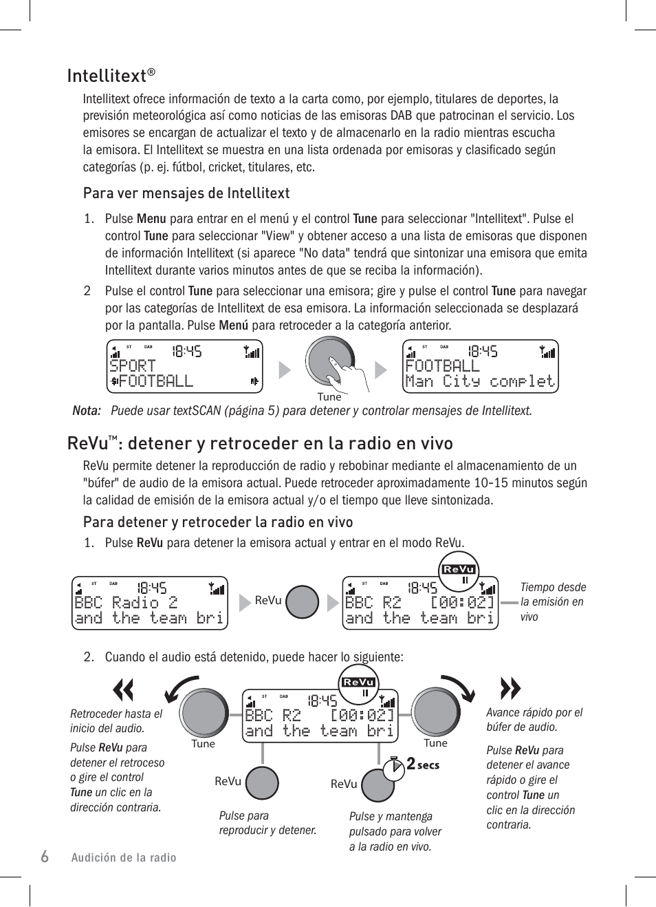 Intellitext, Revu, Detener y retroceder en la radio en vivo | P]scwtctp\qax 112a!j)!l | Pure Elan 2 User Manual | Page 68 / 76