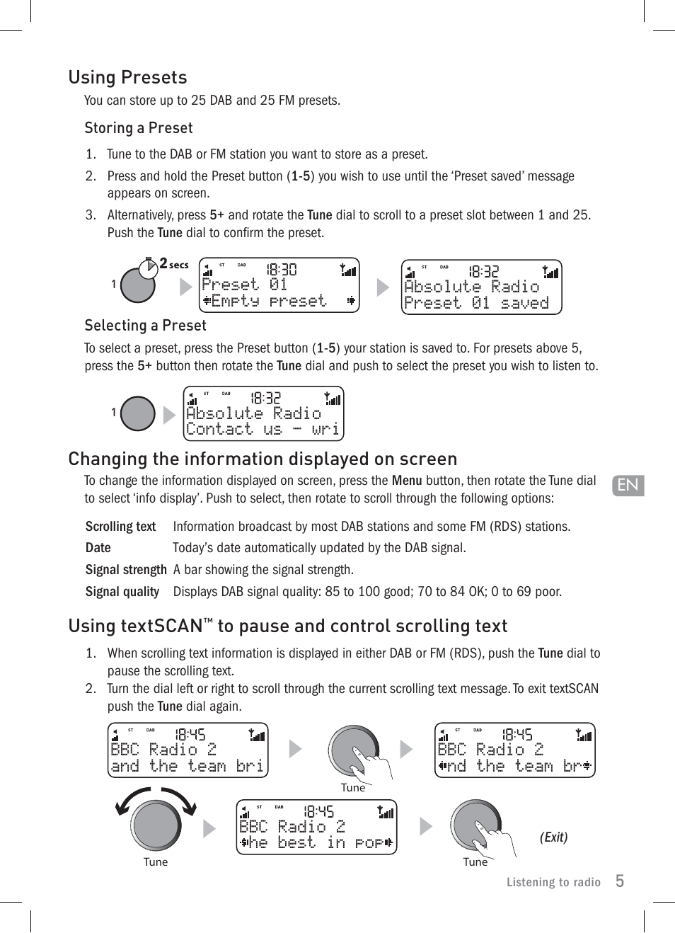 Using presets, Using textscan, Changing the information displayed on screen | Pure Elan 2 User Manual | Page 7 / 76