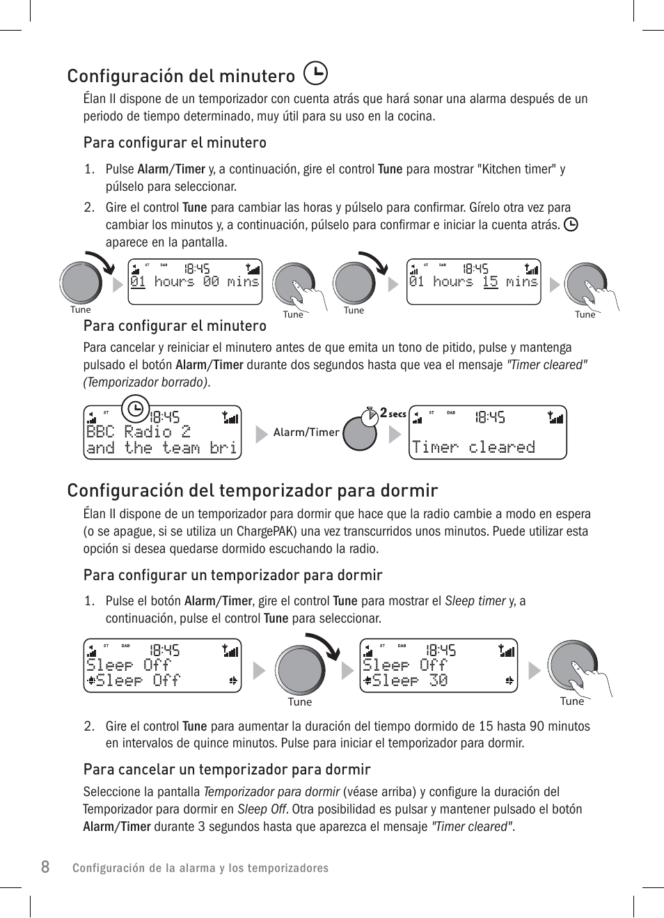 Configuración del minutero, Configuración del temporizador para dormir | Pure Elan 2 User Manual | Page 70 / 76