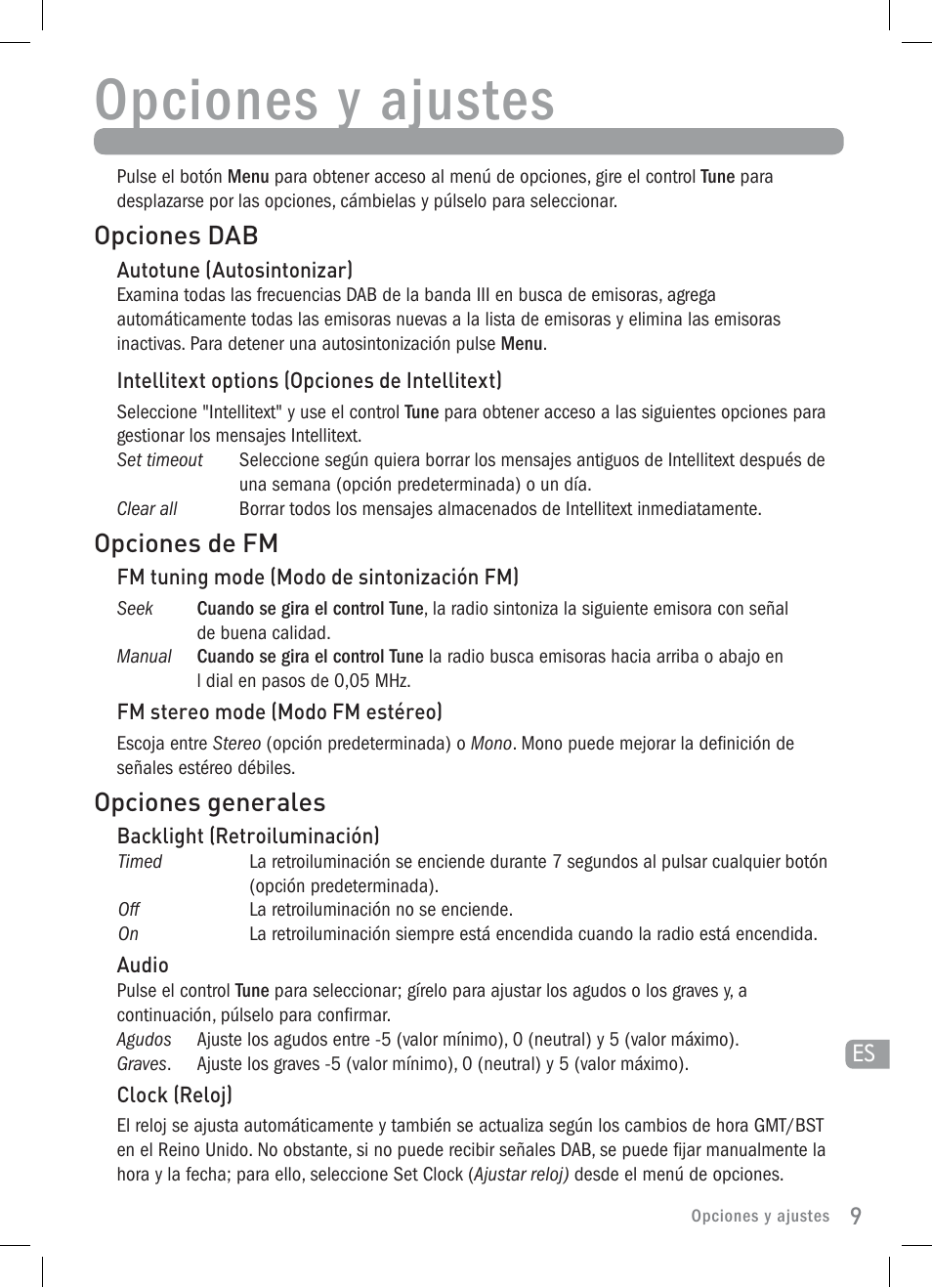 Opciones y ajustes, Opciones dab, Opciones de fm | Opciones generales | Pure Elan 2 User Manual | Page 71 / 76