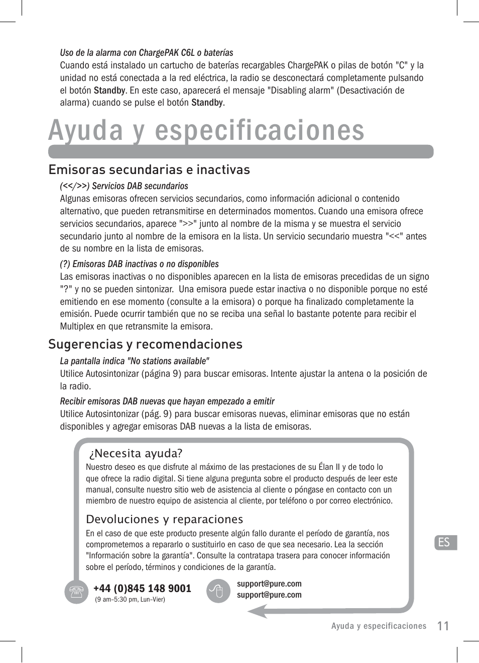 Ayuda y especificaciones | Pure Elan 2 User Manual | Page 73 / 76