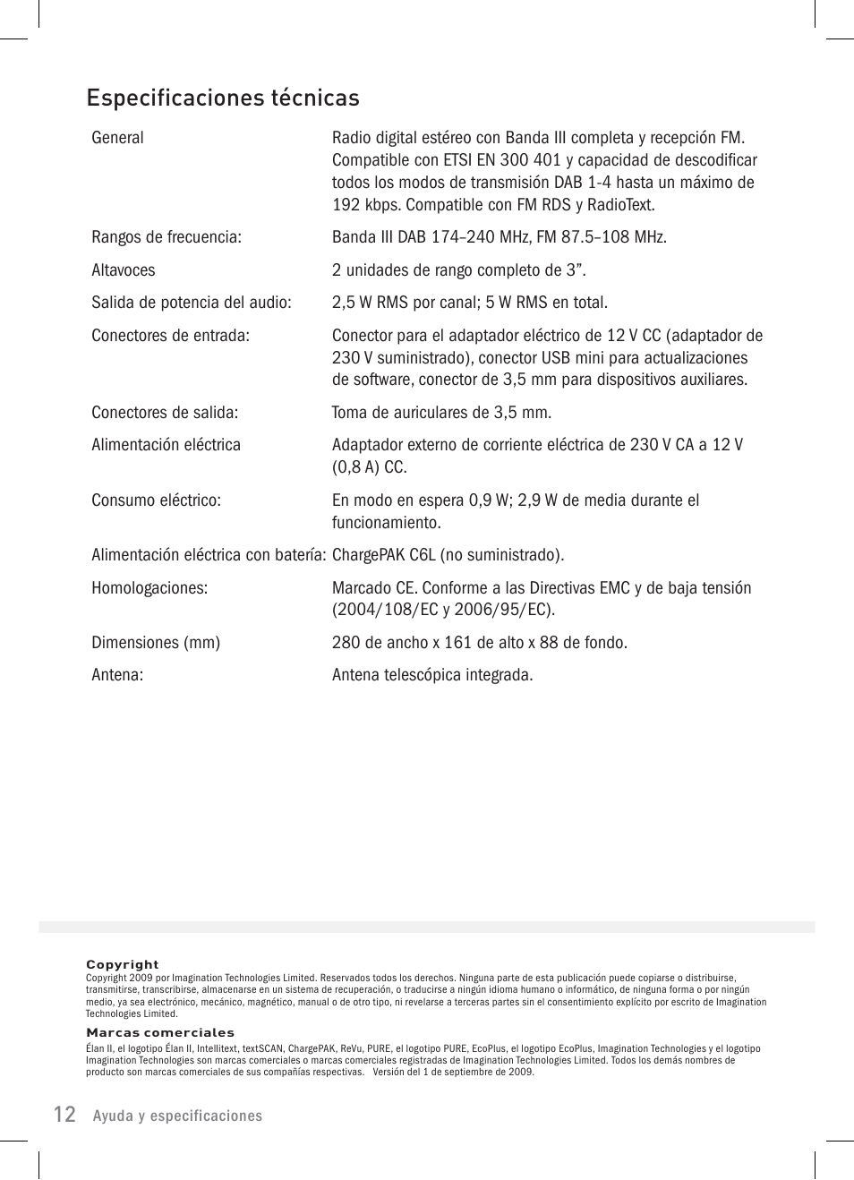 Especificaciones técnicas | Pure Elan 2 User Manual | Page 74 / 76