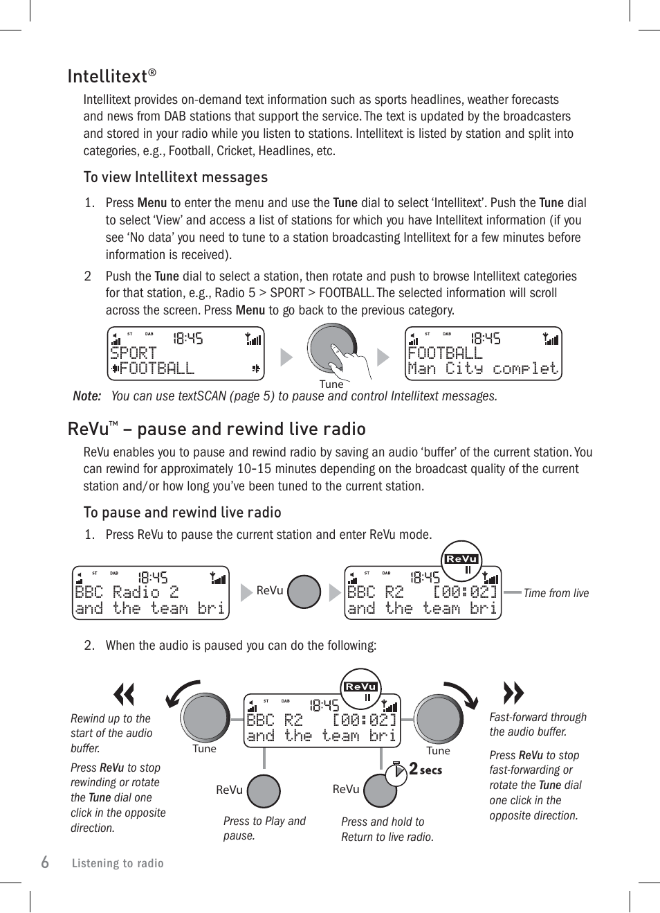 Intellitext, Revu, Pause and rewind live radio | P]scwtctp\qax 112a!j)!l | Pure Elan 2 User Manual | Page 8 / 76