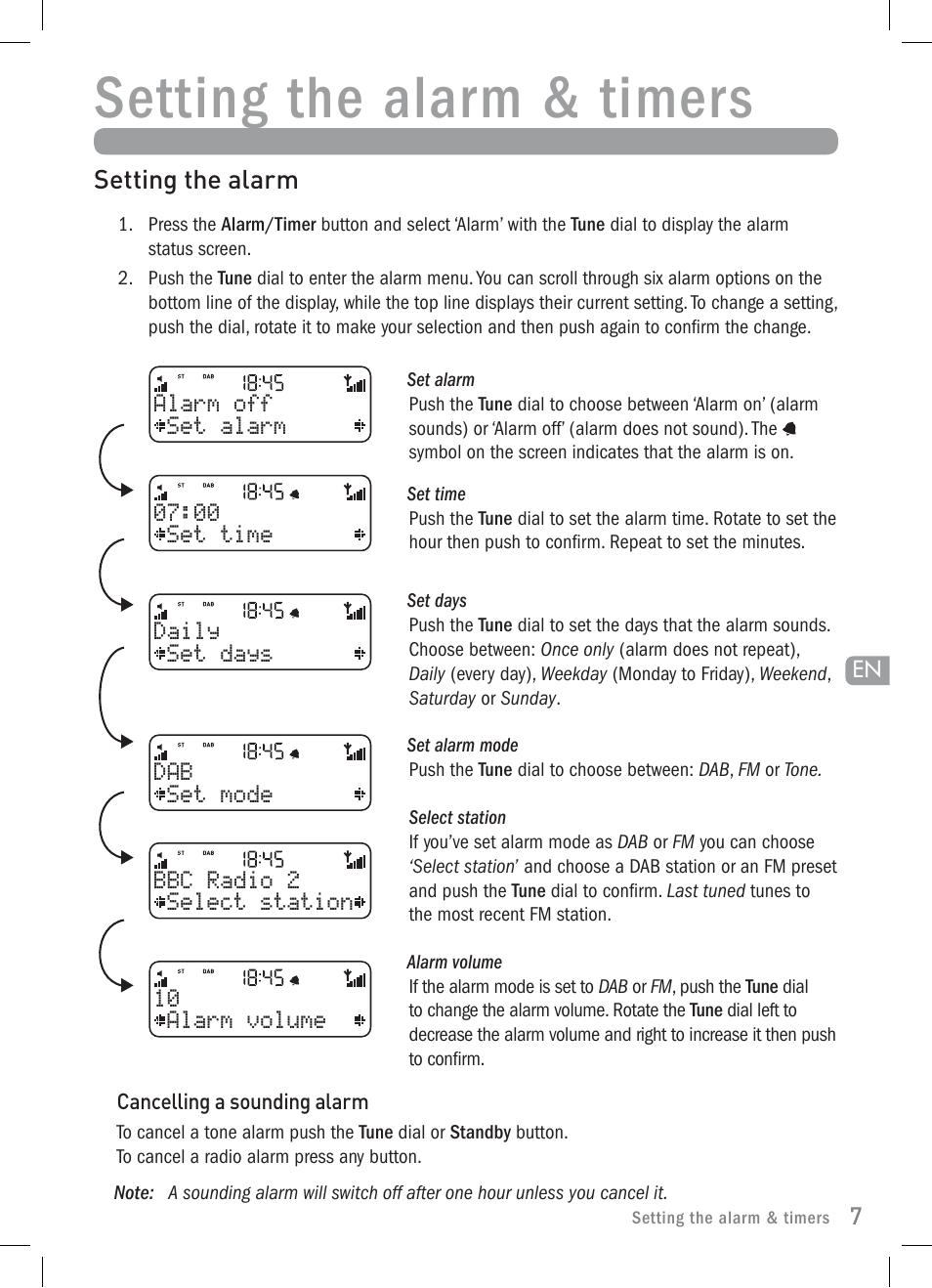 Setting the alarm & timers | Pure Elan 2 User Manual | Page 9 / 76