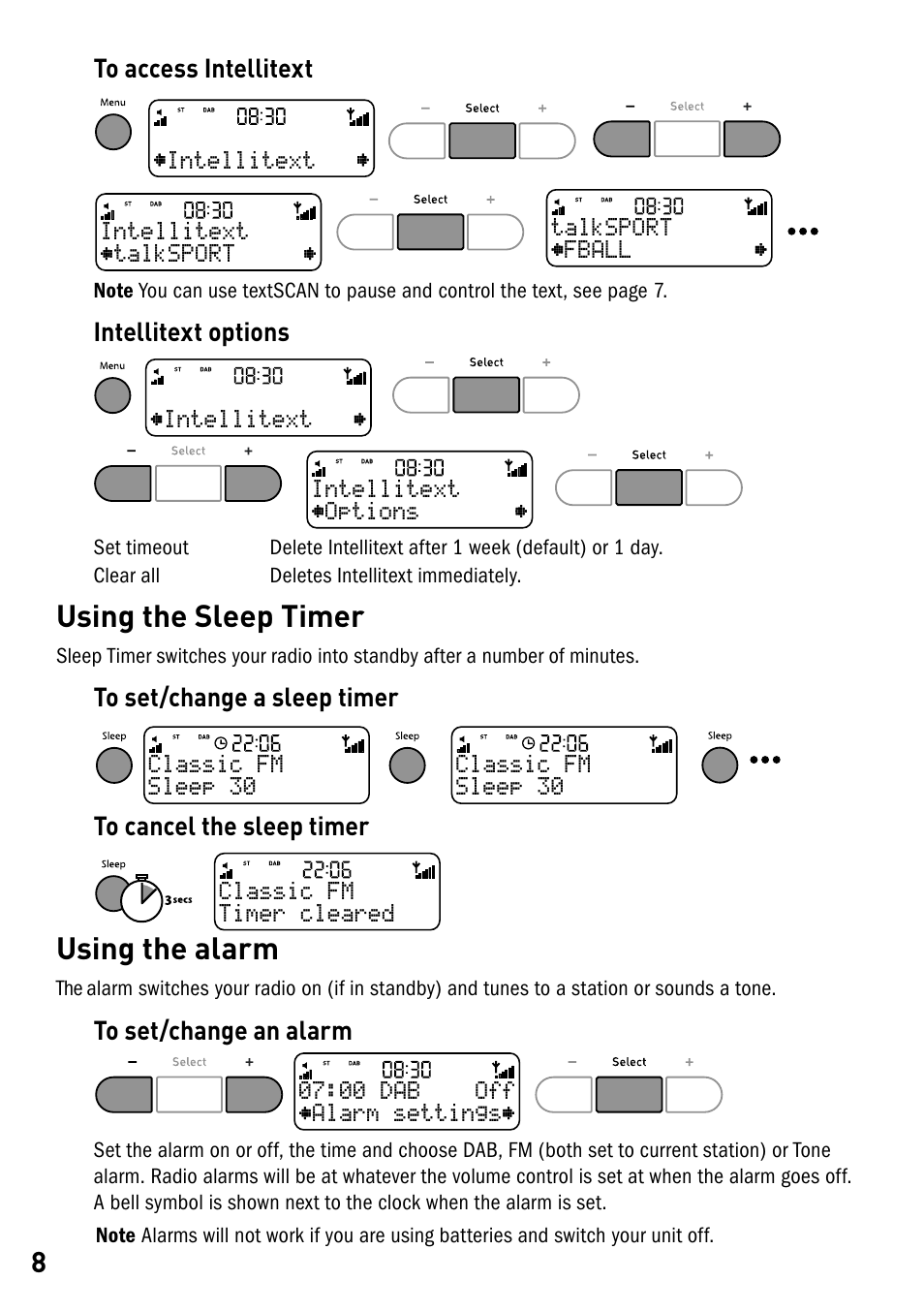 Using the sleep timer, Using the alarm, Using the sleep timer using the alarm | Pure Elan RV40 User Manual | Page 10 / 15