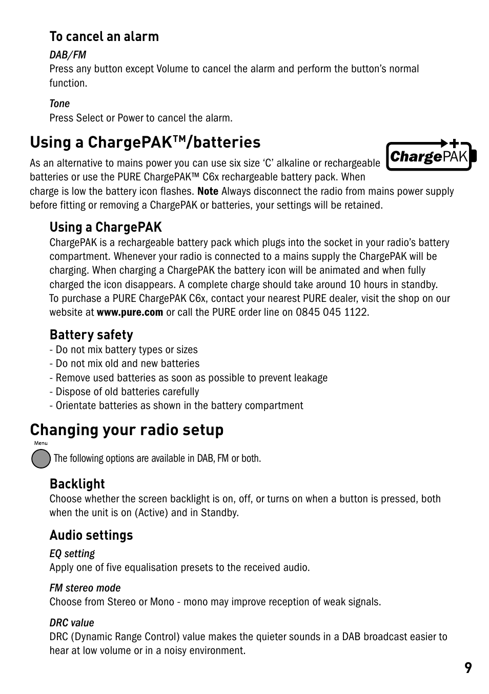 Using a chargepaktm/batteries, Changing your radio setup, Using a chargepak | Batteries, Charge pak | Pure Elan RV40 User Manual | Page 11 / 15