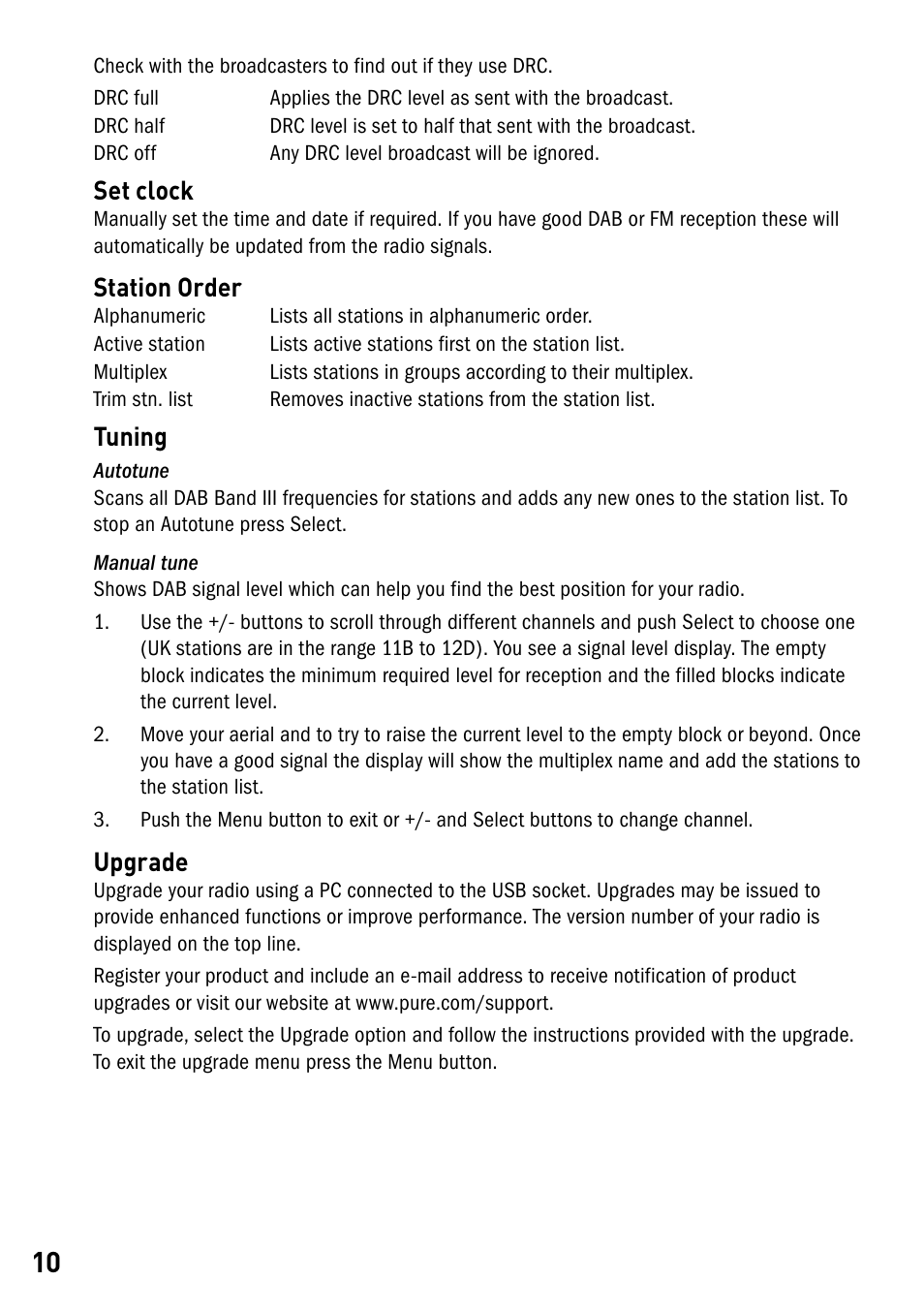 Set clock, Station order, Tuning | Upgrade | Pure Elan RV40 User Manual | Page 12 / 15