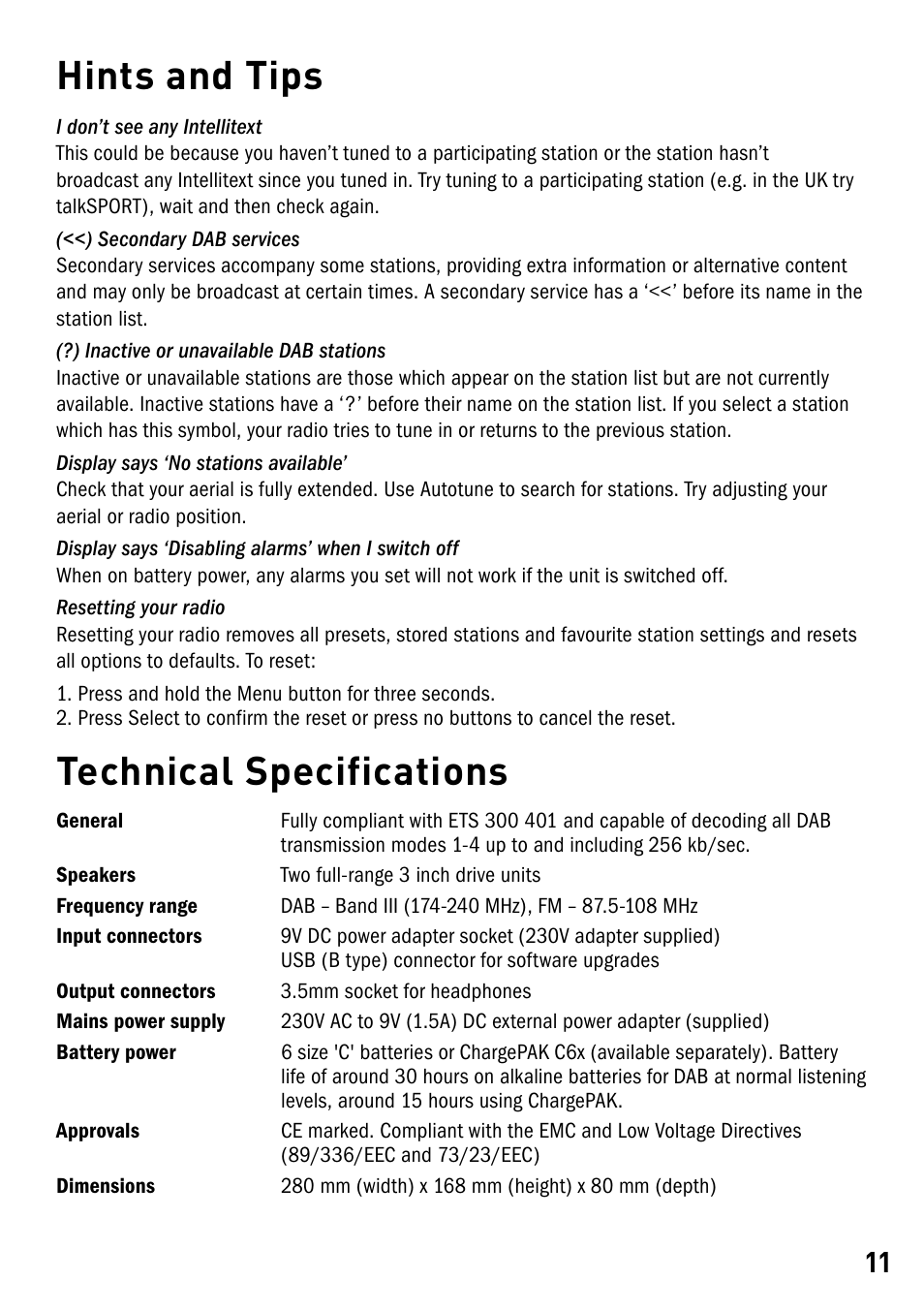 Hints and tips, Technical specifications, Hints and tips technical specifications | Pure Elan RV40 User Manual | Page 13 / 15