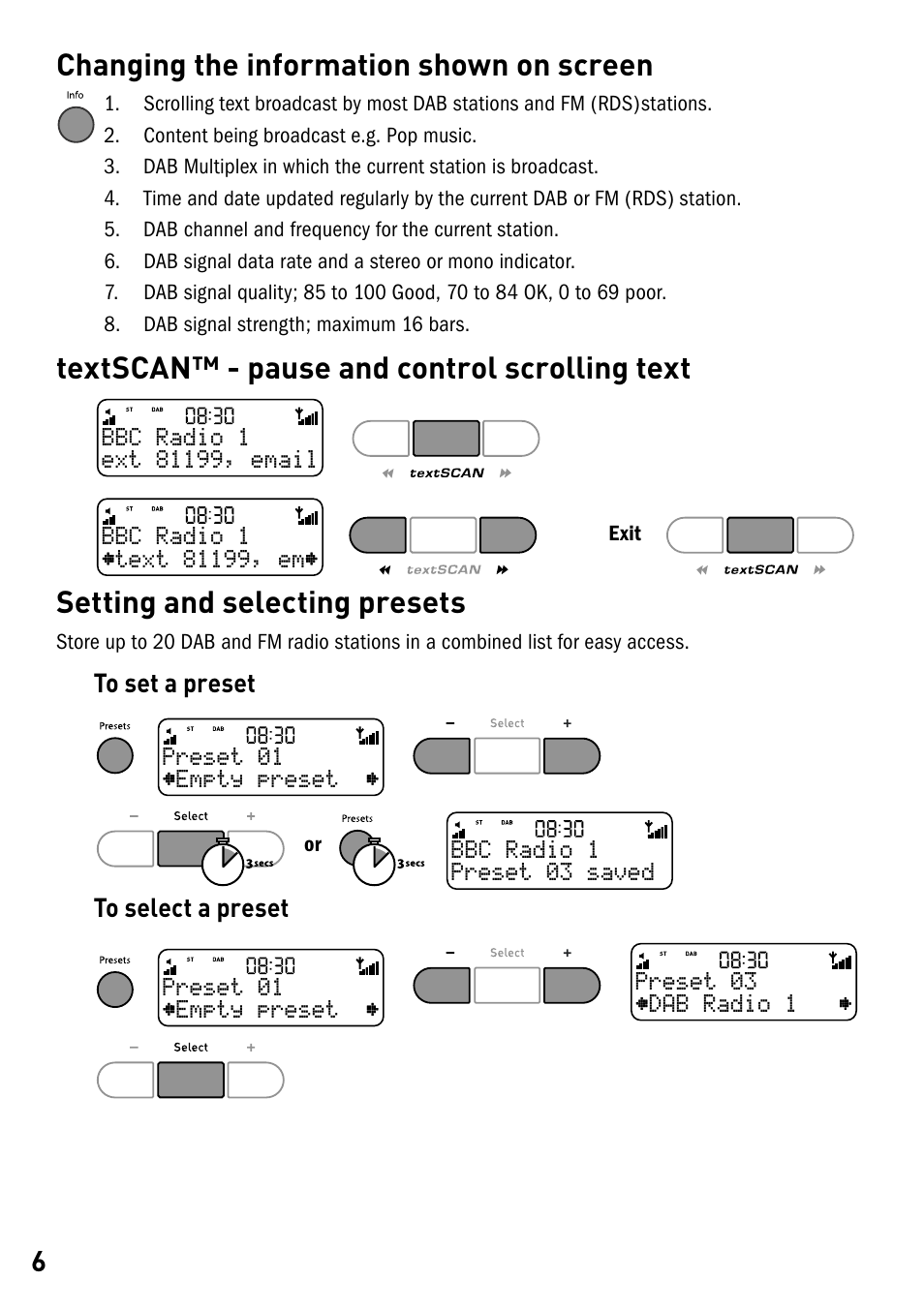 Changing the information shown on screen, Textscan™ - pause and control scrolling text, Setting and selecting presets | Pure Elan RV40 User Manual | Page 8 / 15