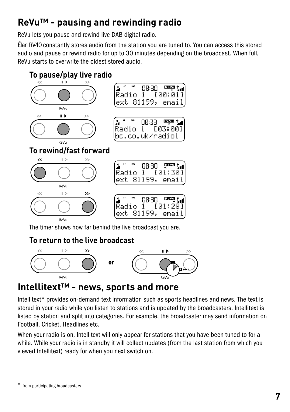 Revu™ - pausing and rewinding radio, Intellitext™ - news, sports and more | Pure Elan RV40 User Manual | Page 9 / 15