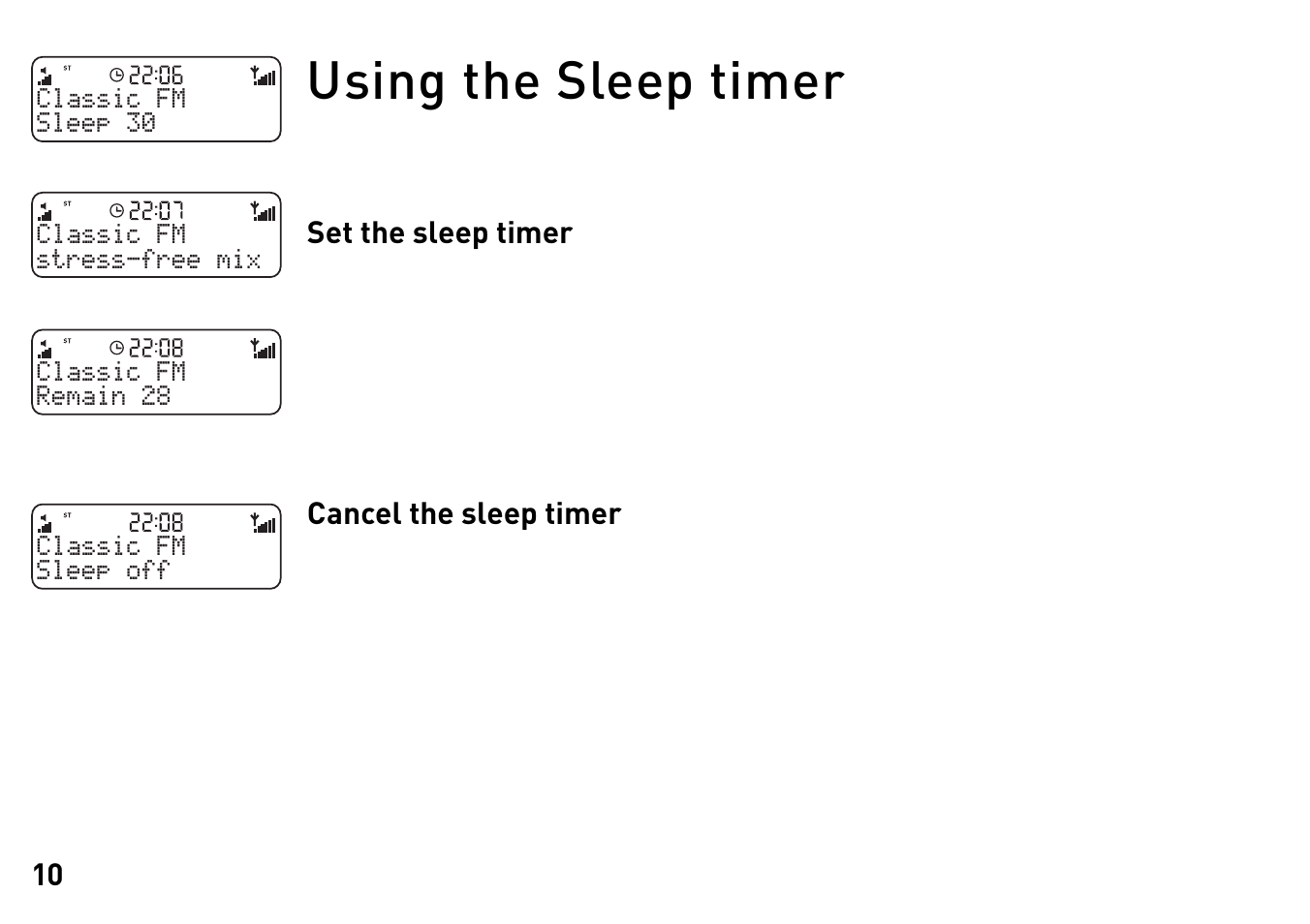 Using the sleep timer | Pure Elan DX20 - User Guide User Manual | Page 13 / 17