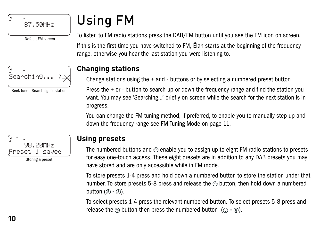 Using fm, Changing stations, Using presets | Pure Elan - User Guide User Manual | Page 14 / 20