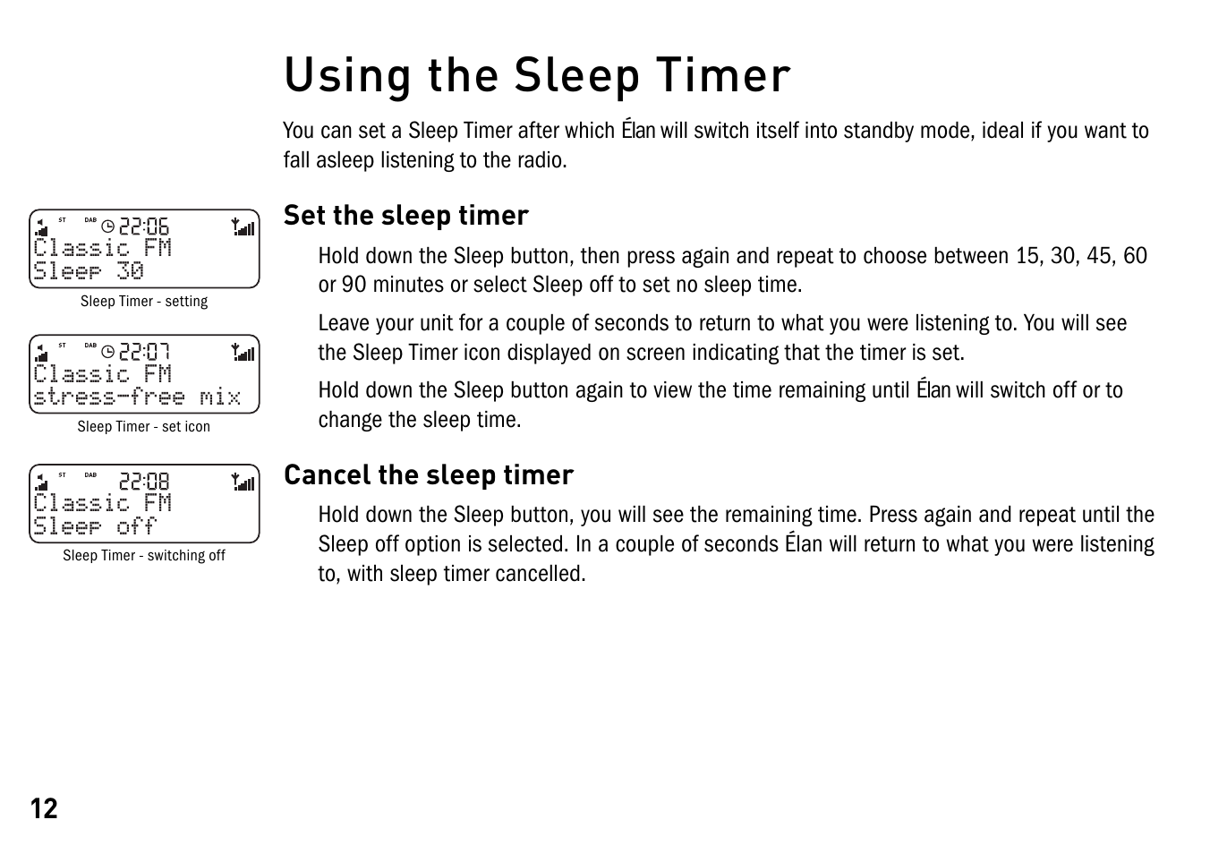 Using the sleep timer | Pure Elan - User Guide User Manual | Page 16 / 20