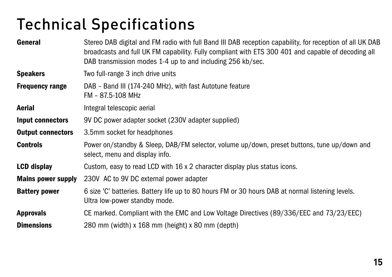 Technical specifications | Pure Elan - User Guide User Manual | Page 19 / 20