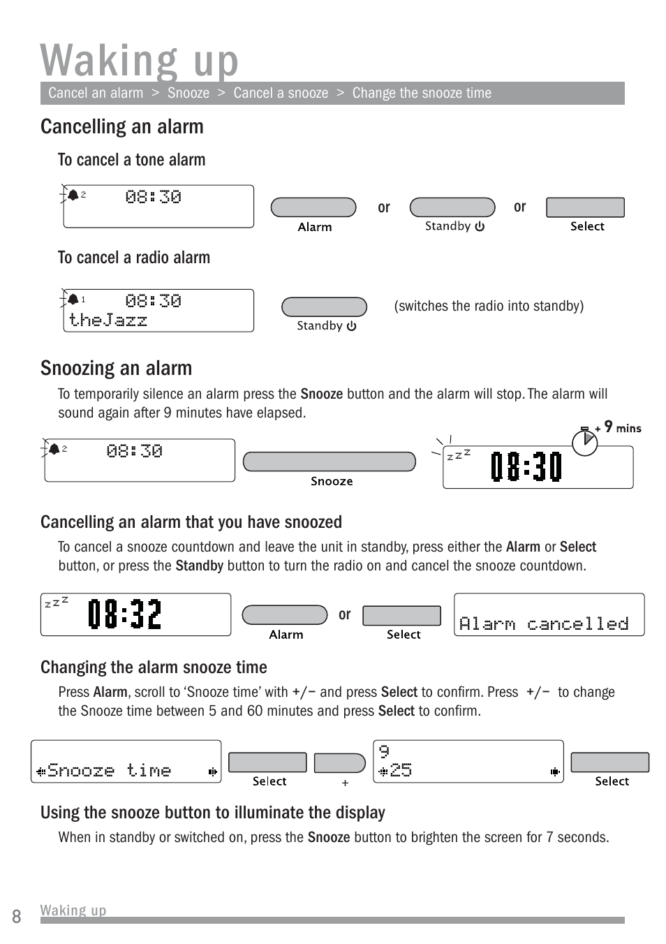 Waking up, Cancelling an alarm, Snoozing an alarm | Cancelling an alarm that you have snoozed, Changing the alarm snooze time, Using the snooze button to illuminate the display, 30 thejazz, Alarm cancelled 08:30, Snooze time 25 9, Switches the radio into standby) | Pure Chronos II User Manual | Page 10 / 18