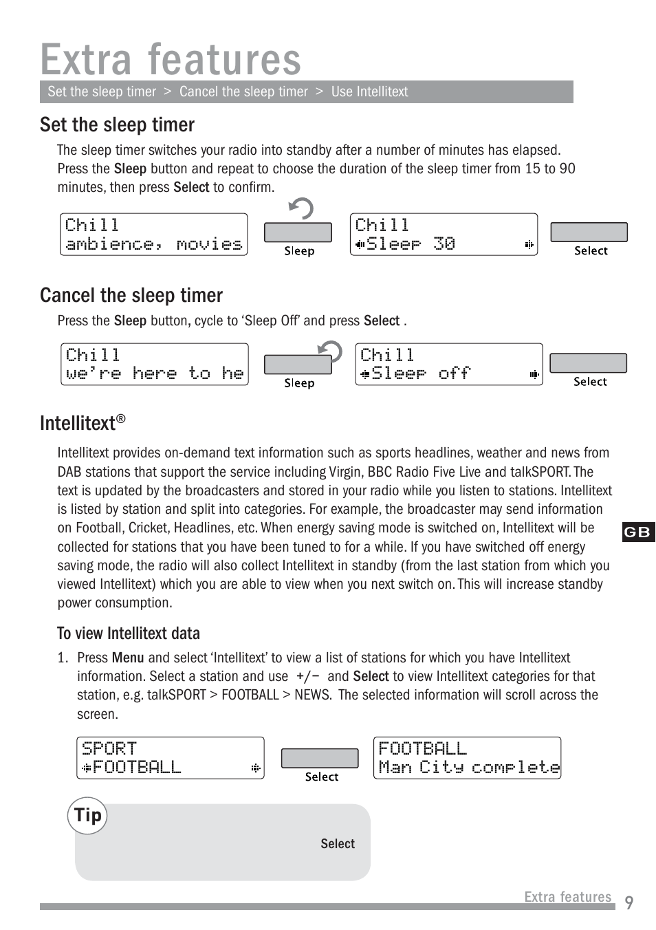 Extra features, Set the sleep timer, Cancel the sleep timer | Intellitext | Pure Chronos II User Manual | Page 11 / 18