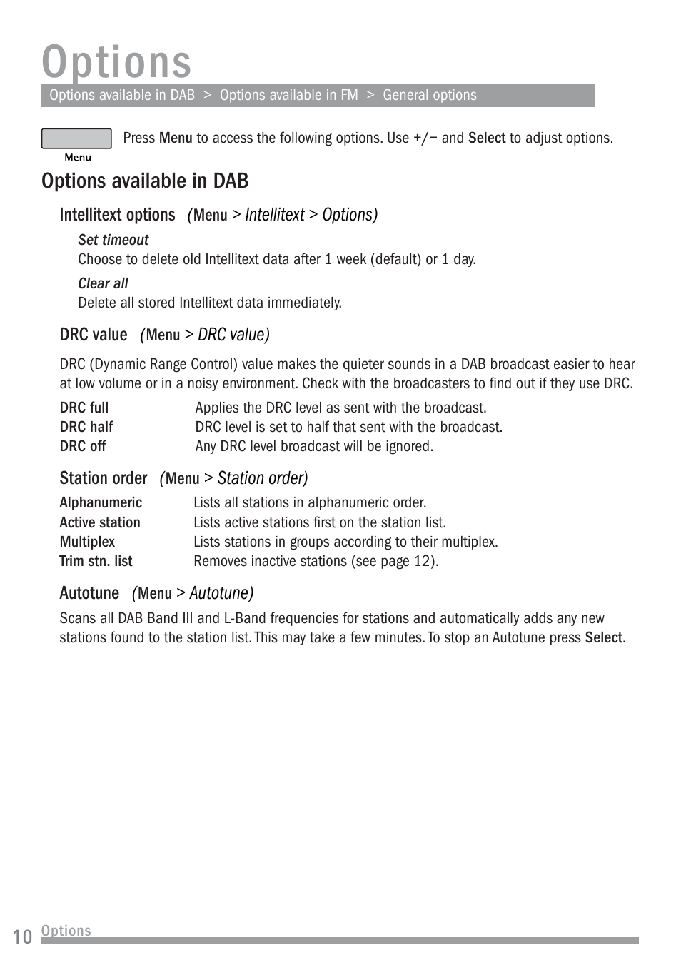 Options, Options available in dab | Pure Chronos II User Manual | Page 12 / 18