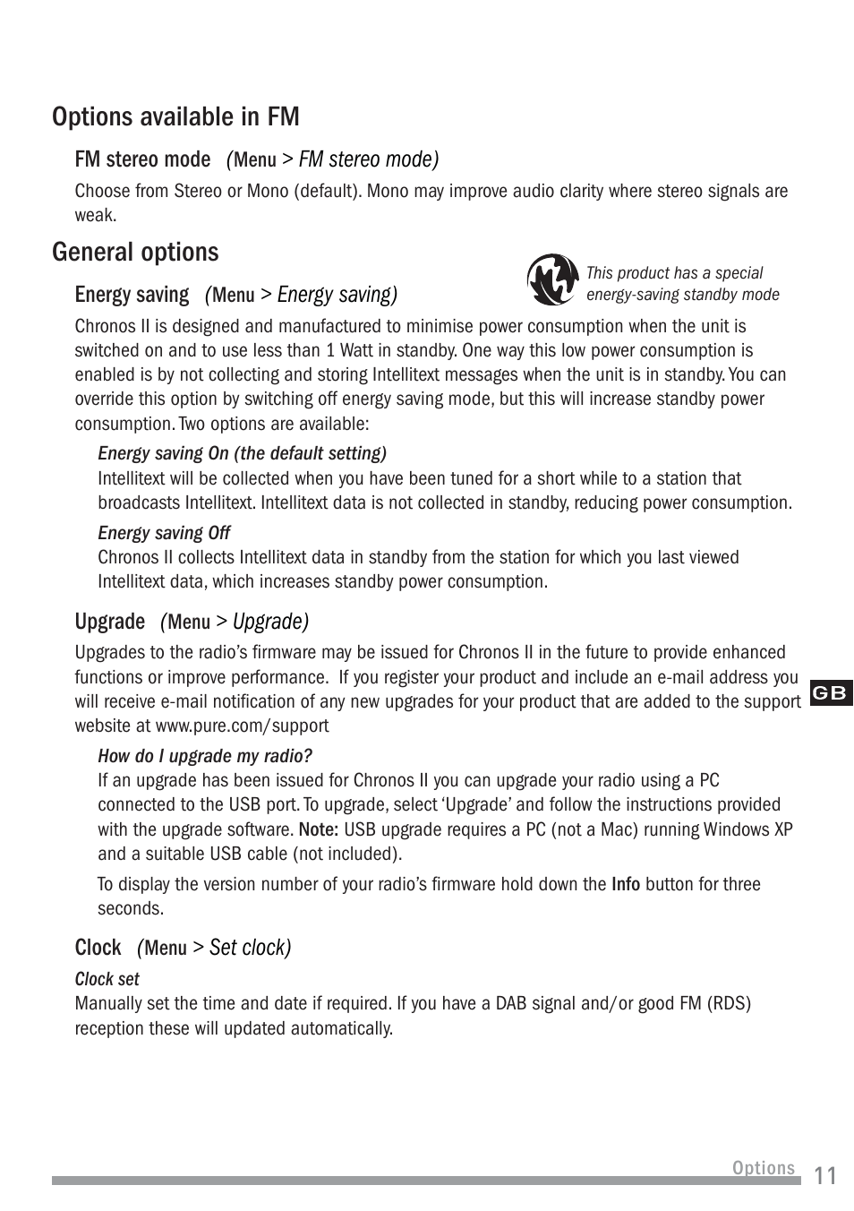 Options available in fm, General options | Pure Chronos II User Manual | Page 13 / 18