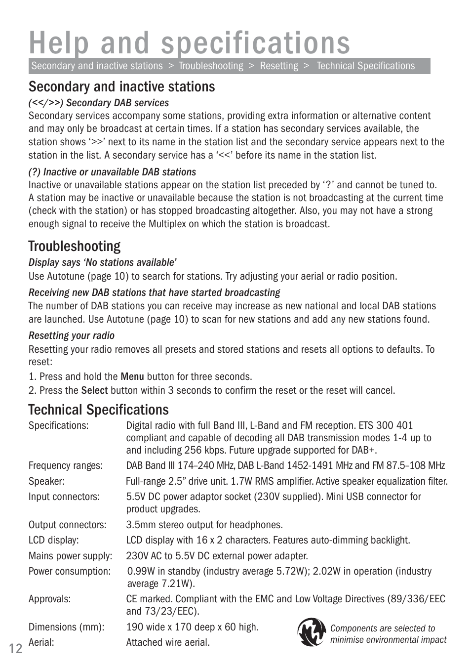 Help and specifications, Secondary and inactive stations, Troubleshooting | Technical specifications | Pure Chronos II User Manual | Page 14 / 18