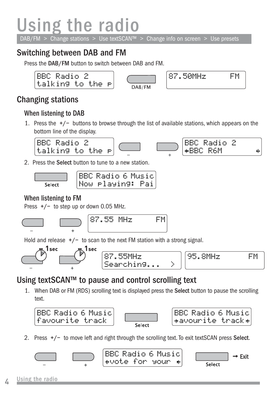 Using the radio, Switching between dab and fm, Changing stations | Pure Chronos II User Manual | Page 6 / 18