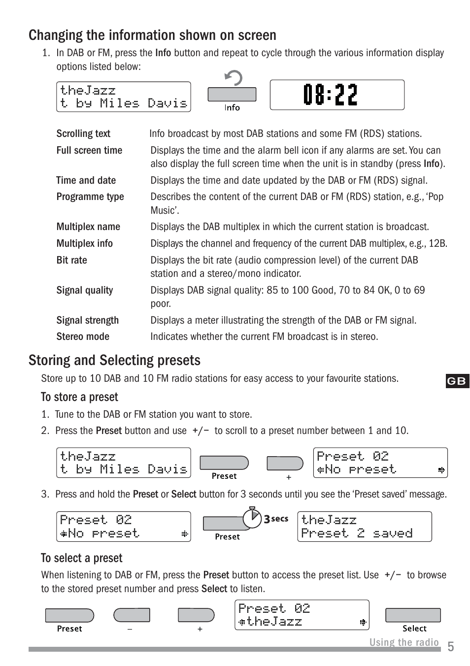 Changing the information shown on screen, Storing and selecting presets, Thejazz t by miles davis | Pure Chronos II User Manual | Page 7 / 18