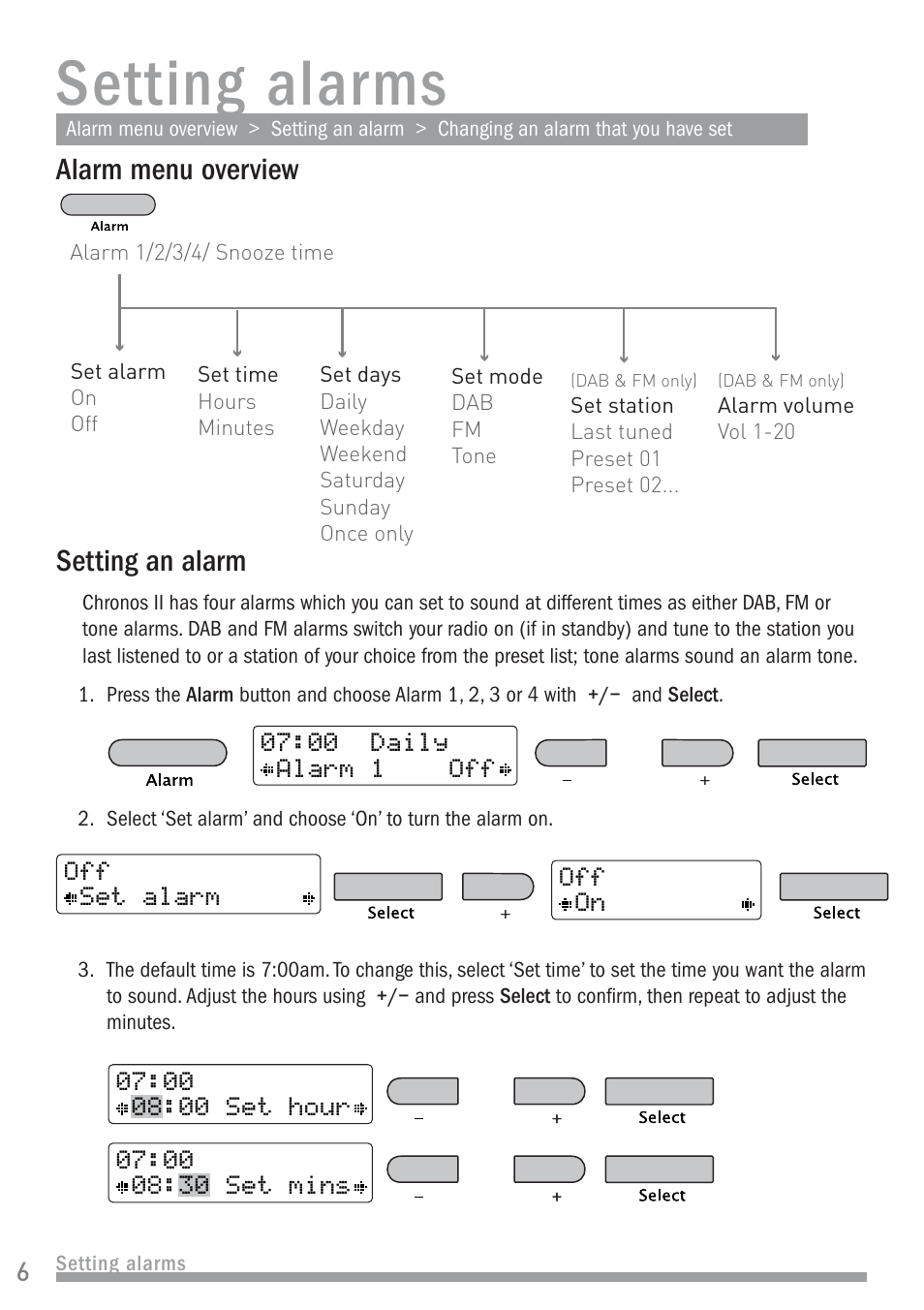 Setting alarms, Alarm menu overview setting an alarm | Pure Chronos II User Manual | Page 8 / 18