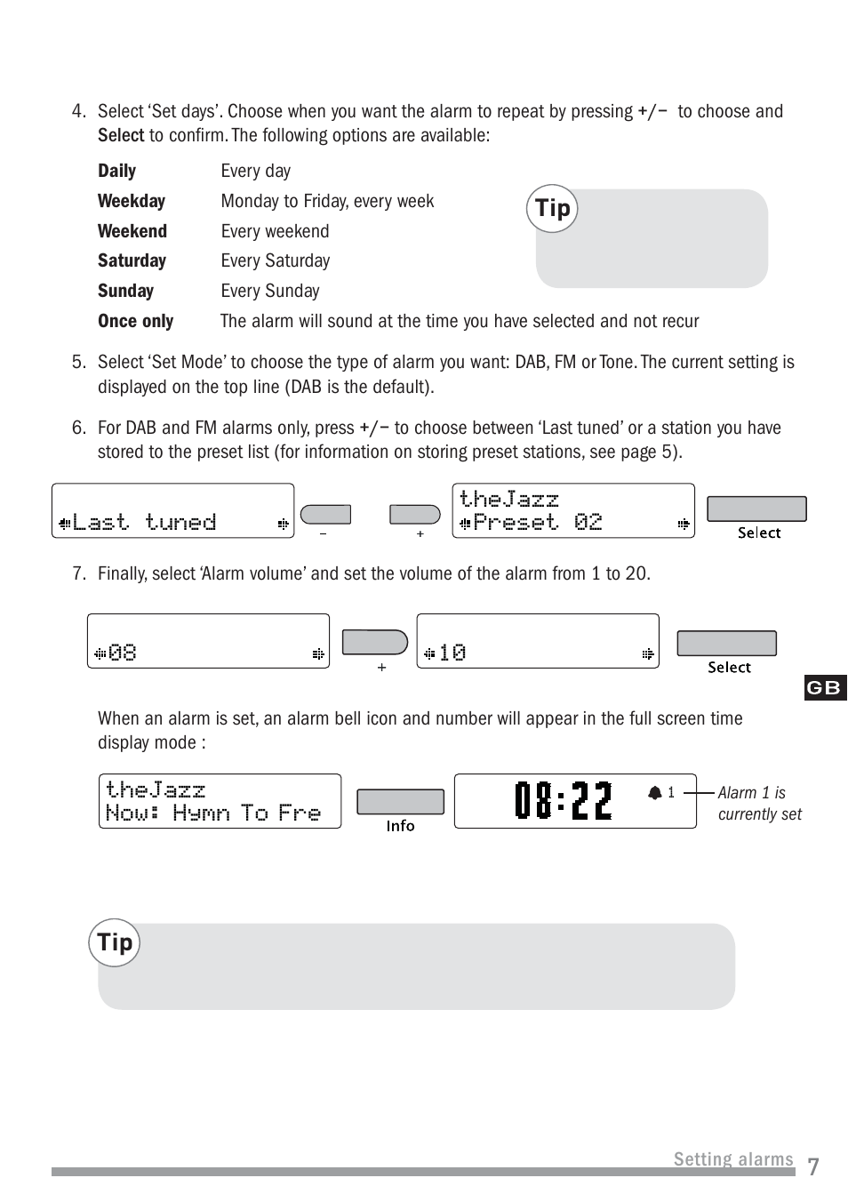 Preset 02 thejazz last tuned, Thejazz now: hymn to fre, Setting alarms | Alarm 1 is currently set | Pure Chronos II User Manual | Page 9 / 18