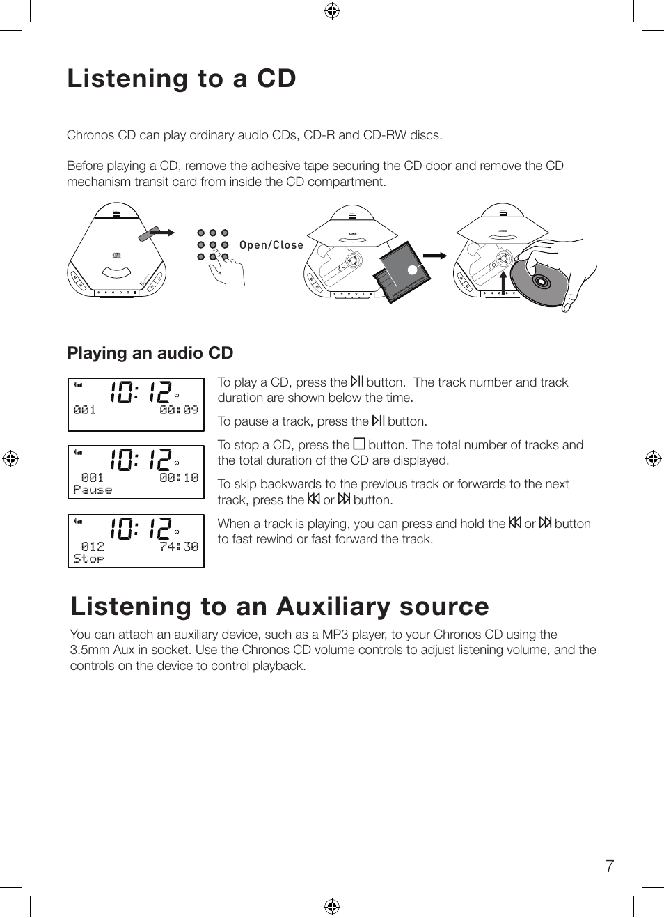 Listening to a cd, Listening to an auxiliary source, Playing an audio cd | Pure Chronos CD Series 2 User Manual | Page 11 / 16